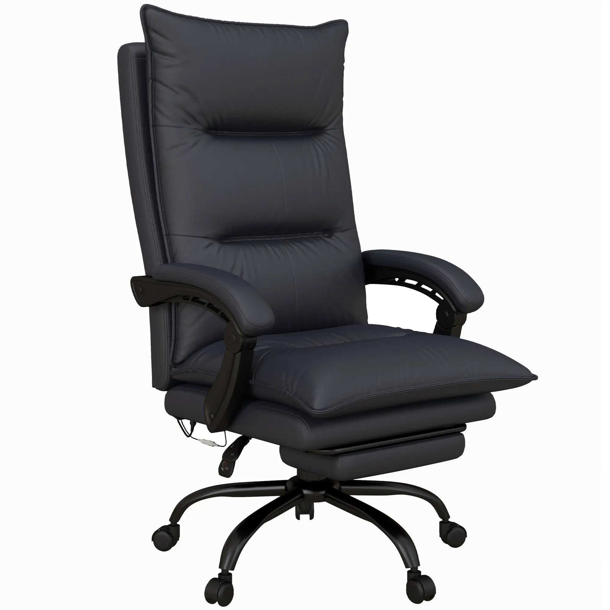 Big & Tall Doba ergonomic office chair in black faux leather with massage, heat, recline, and retractible footrest, designed for comfort.