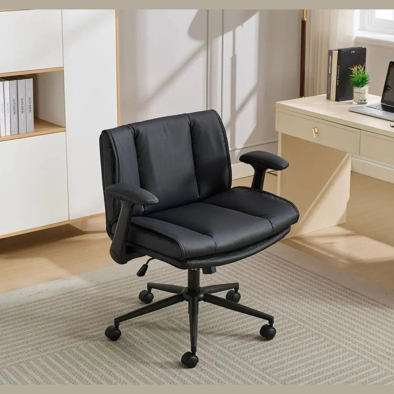 Doba black ergonomic leather crisscross office chair with flip-up armrests, wheels, and adjustable height for comfortable seating.