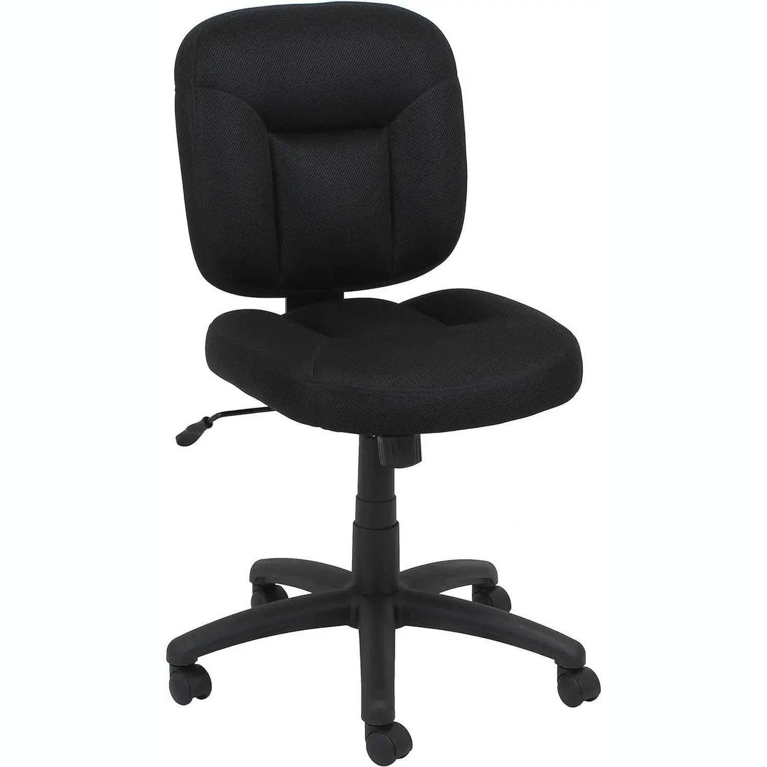 Black Doba ergonomic low back office chair with height adjustment and 360-degree swivel, designed for comfortable workspace seating.