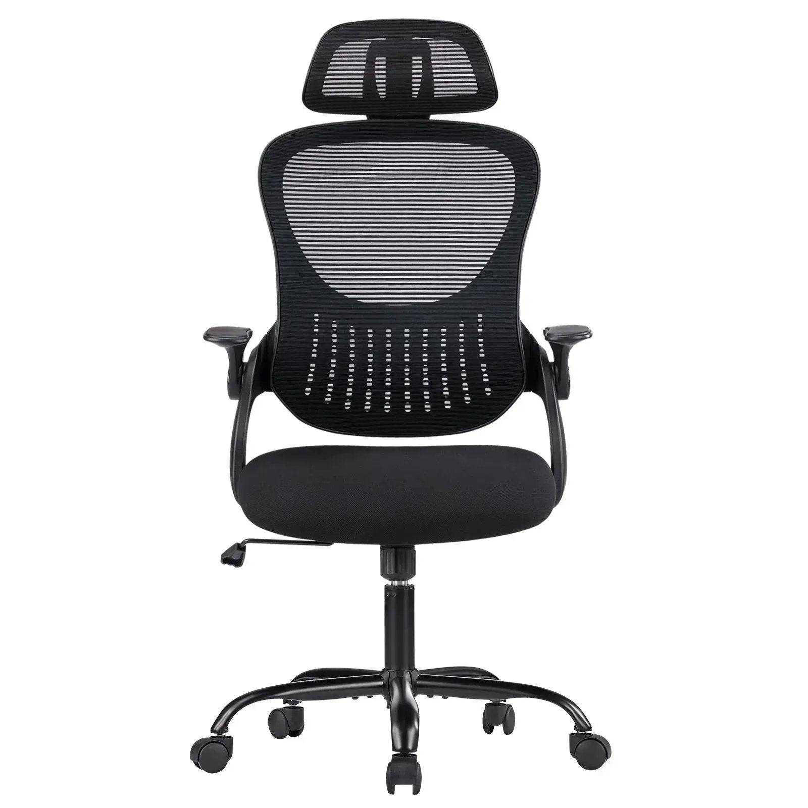 Black Doba ergonomic office chair with mesh high back, adjustable headrest, and cushioned seat for comfortable workspace support.