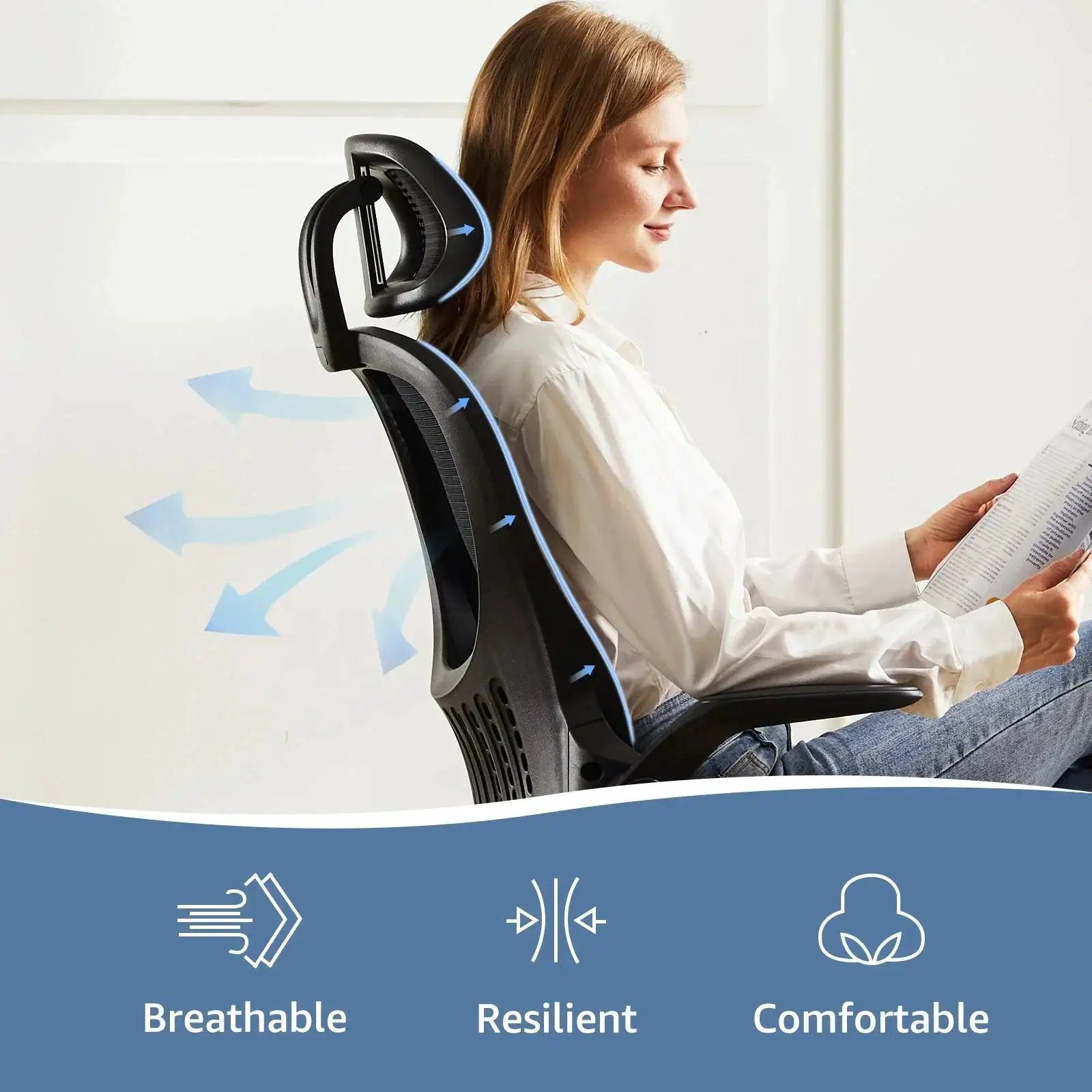 Black Doba ergonomic office chair with mesh high back and adjustable headrest, featuring cushioned seat and armrests for comfort.