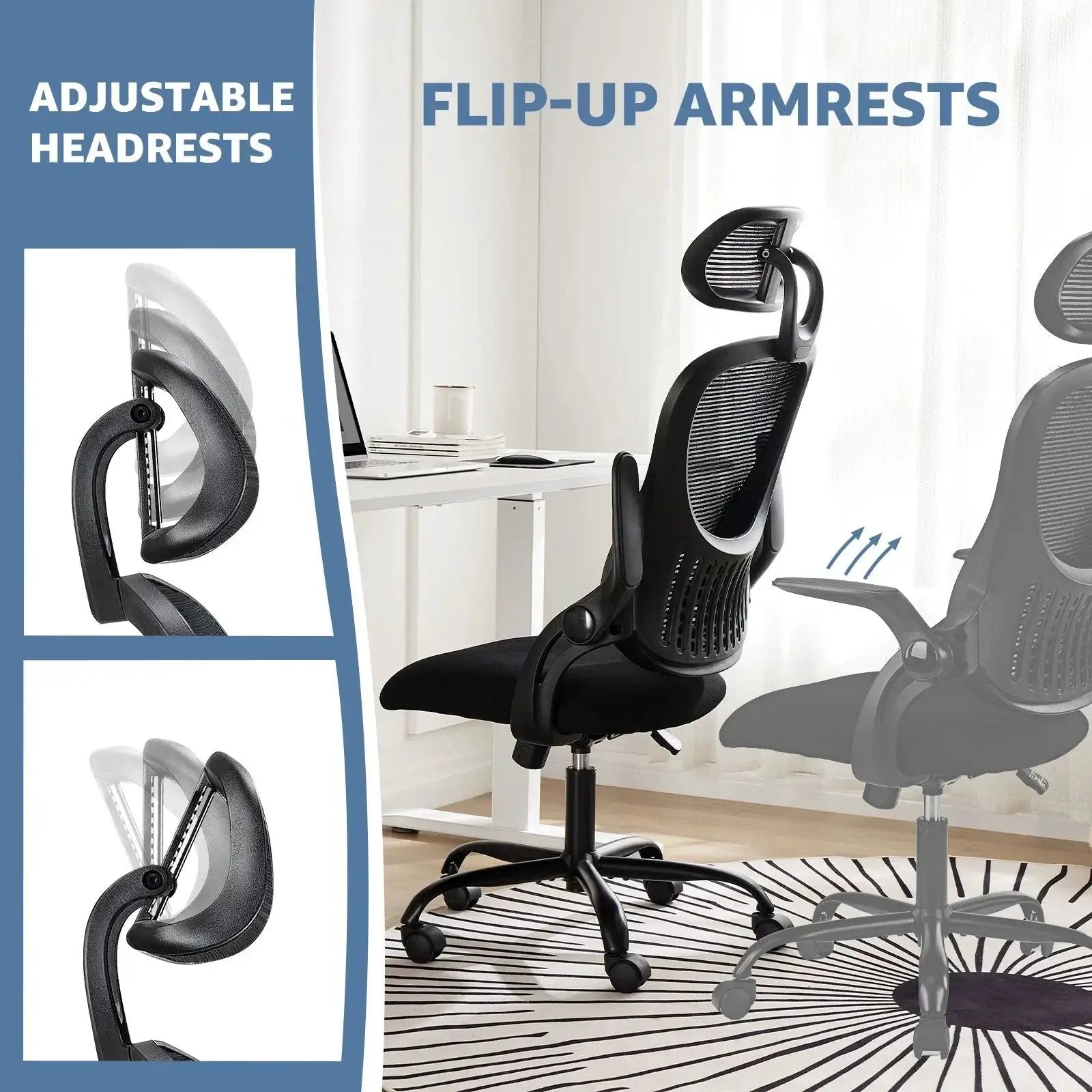 Black Doba ergonomic office chair with mesh high back and adjustable headrest, featuring lumbar support and armrests.