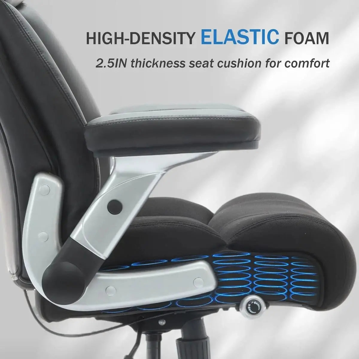 Black Doba heavy-duty office chair with ergonomic lumbar support and flip-up armrests, designed for comfort and durability.