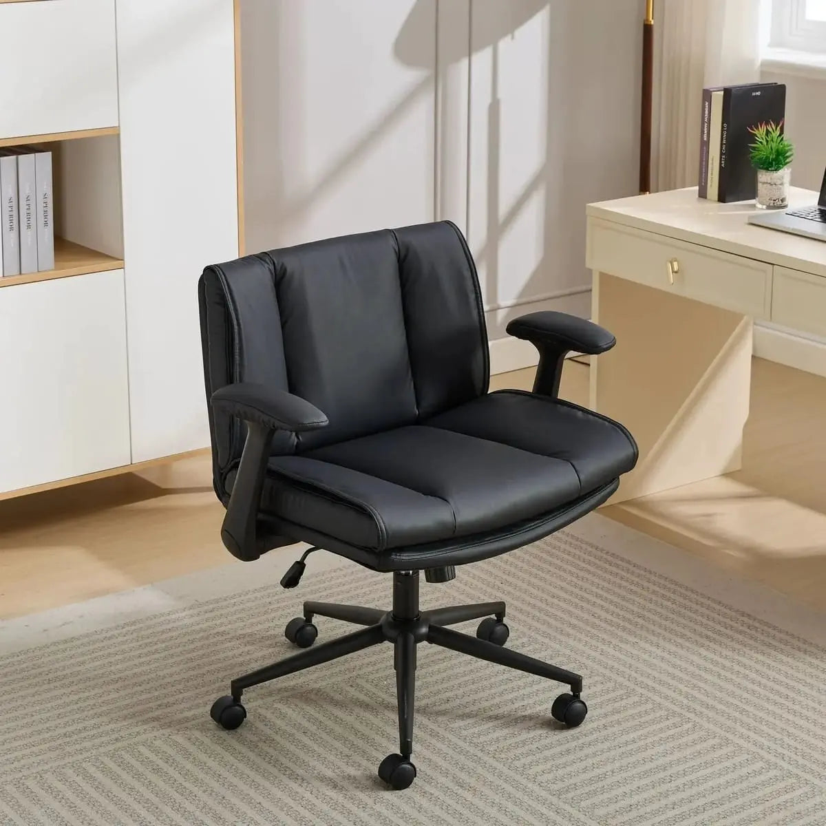 Doba ergonomic leather cross-legged chair with black metal frame and adjustable flip-up armrests, designed for comfort and support