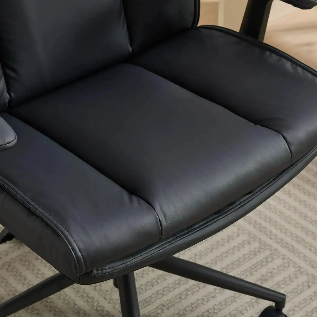 Black Doba ergonomic leather cross-legged chair with adjustable flip-up armrests, featuring a sleek black metal frame.