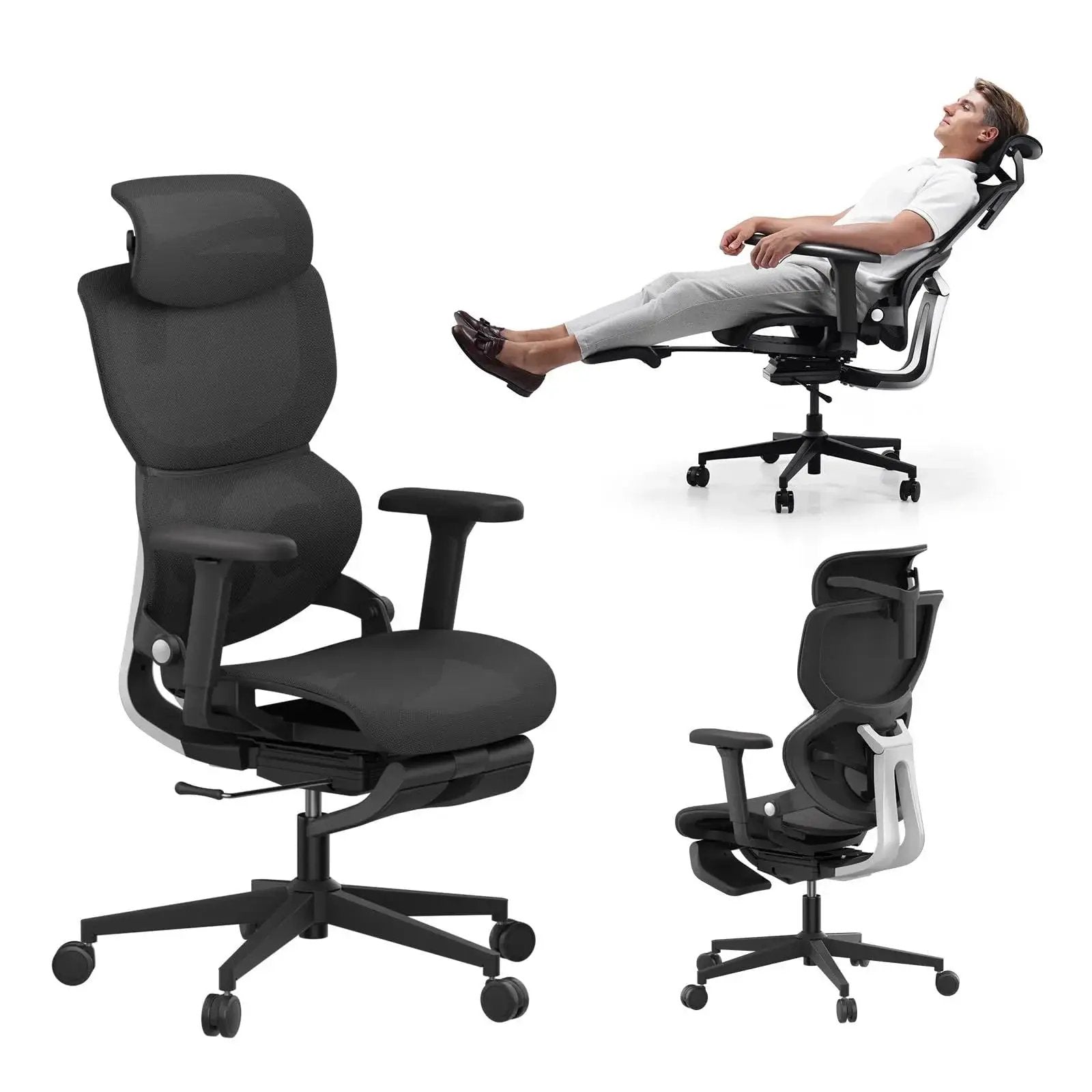 Doba Ultimate Comfort 3D ergonomic office chair with headrest, retractable footrest, and dynamic lumbar support in black metal mesh.