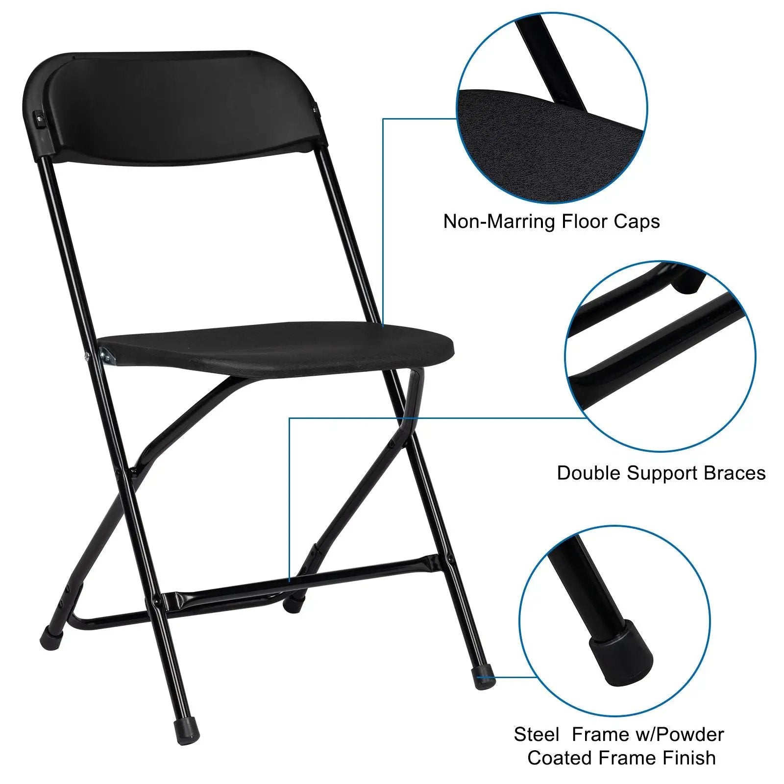 Black Doba heavy-duty folding chair with 350 lb capacity, weatherproof design, sturdy plastic construction for outdoor use.