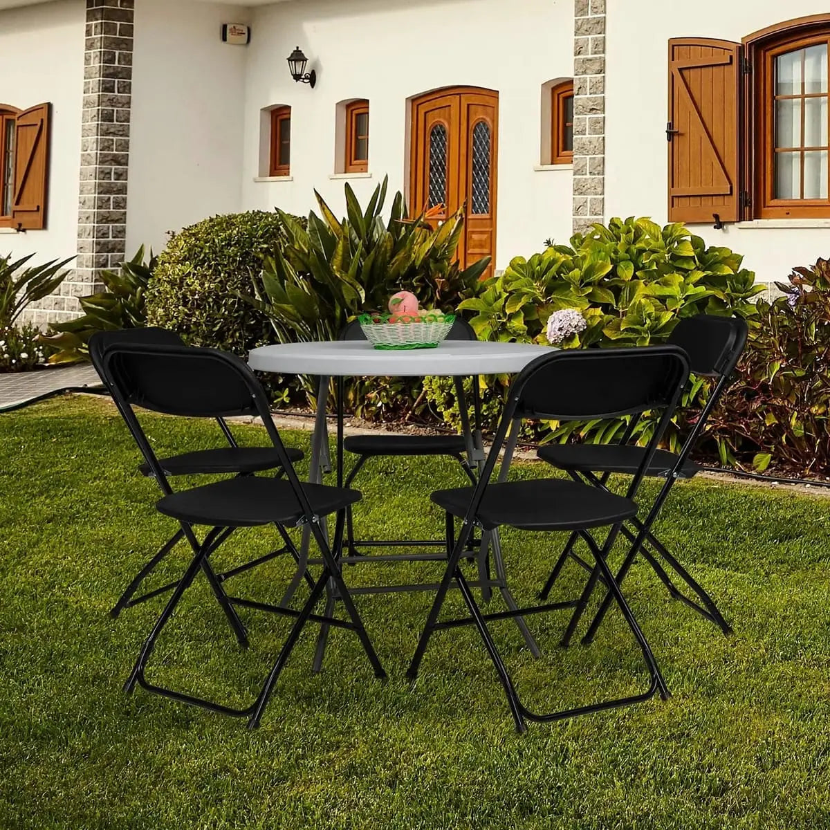 Black Doba heavy-duty folding chair with 350 lb capacity, weatherproof design, sturdy and portable for outdoor and indoor use.