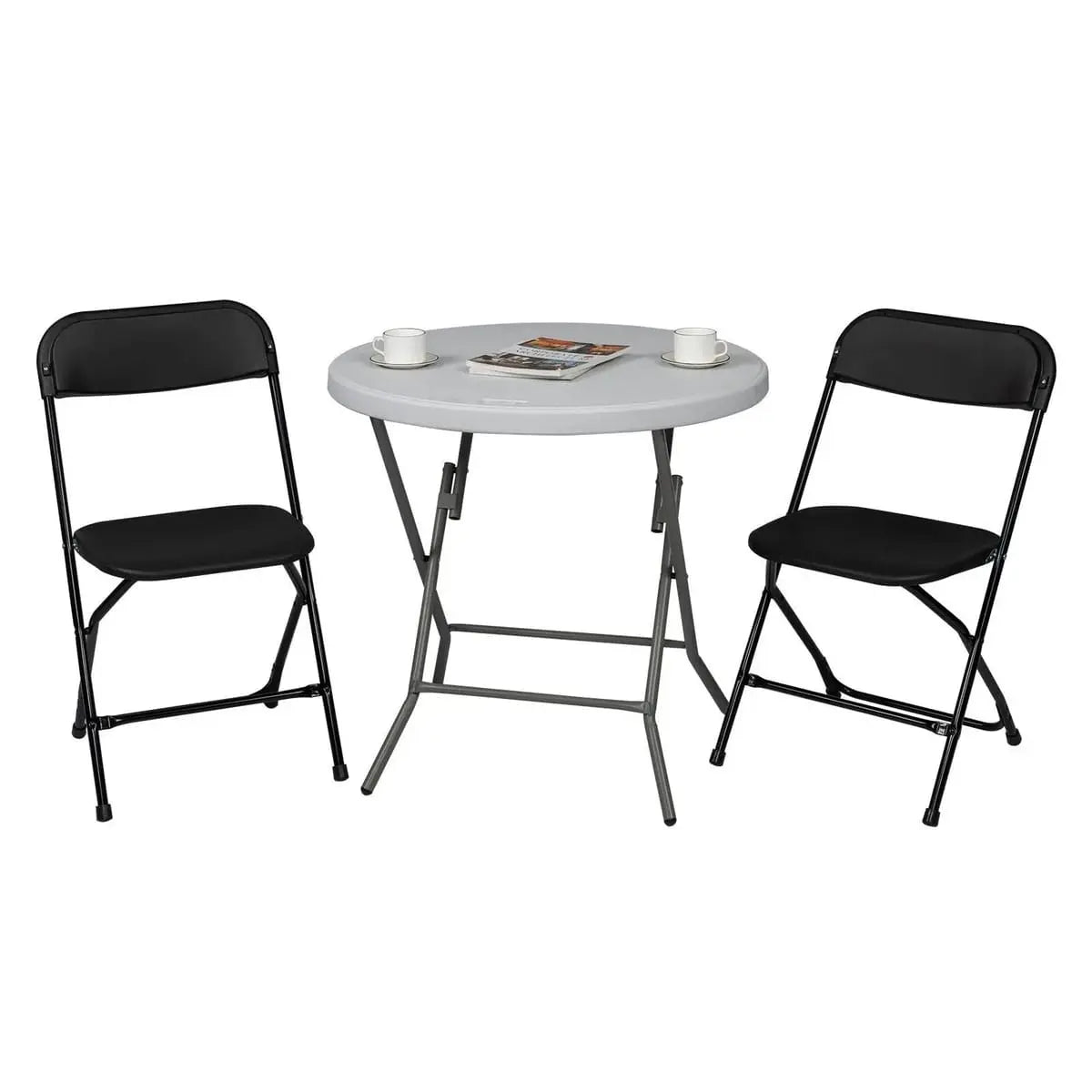 Black Doba Plasti heavy-duty folding chair with 350 lb capacity, durable, weatherproof, and suitable for outdoor use.