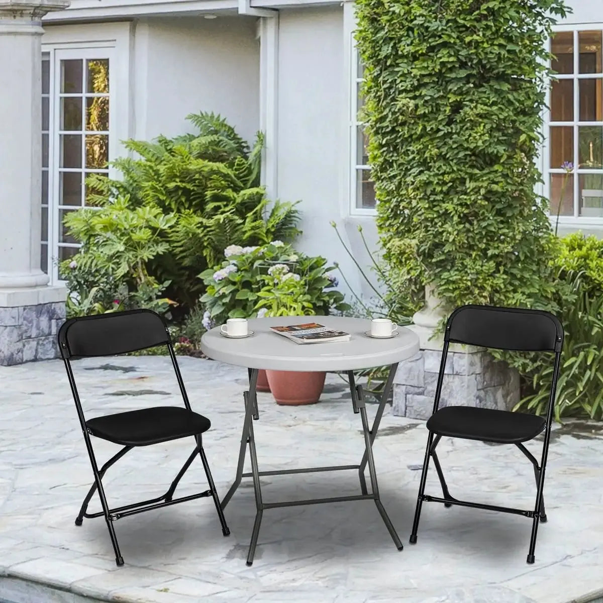 Black Doba Plasti heavy-duty folding chair with 350 lb capacity, weatherproof and durable for outdoor and indoor use.