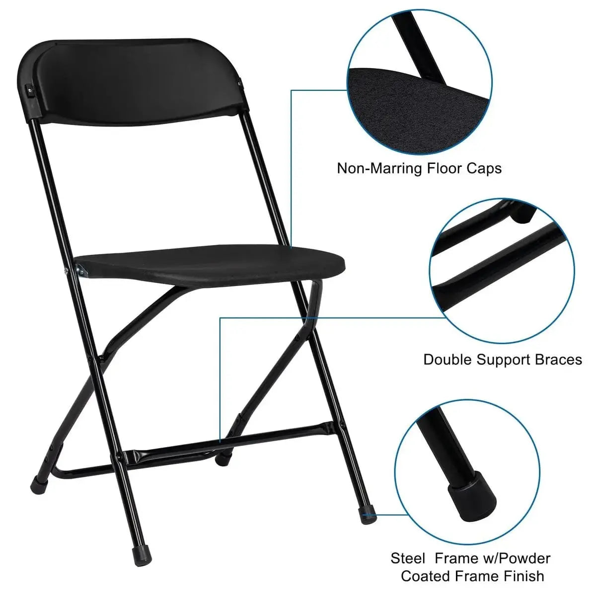 Black Doba heavy-duty folding chair with 350 lb capacity, weatherproof and durable for outdoor and indoor use.