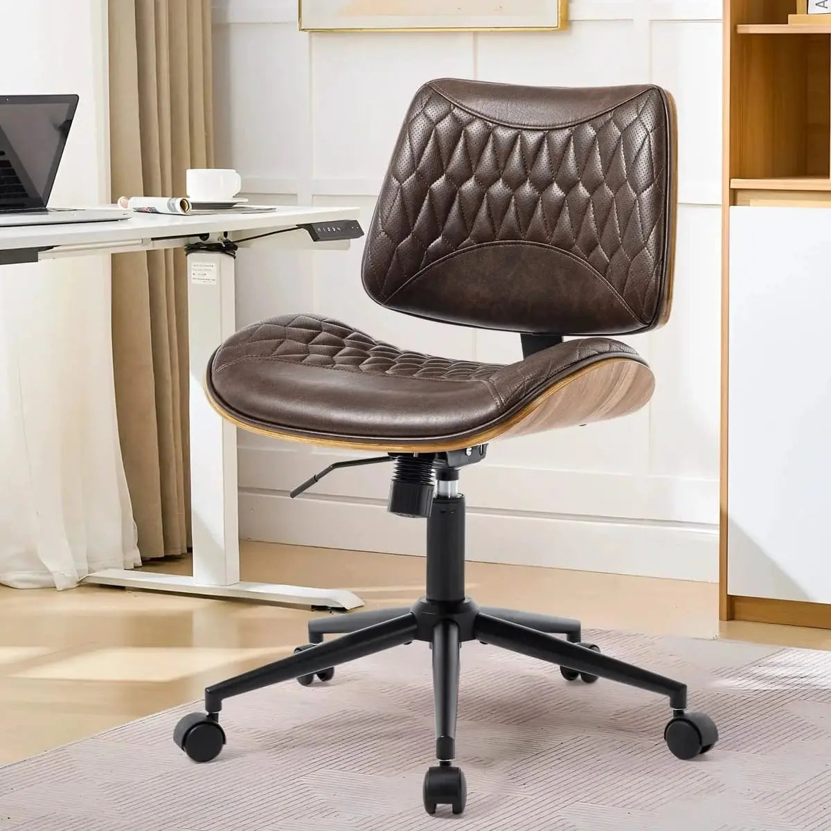 Doba dark brown faux leather adjustable mid-back armless office desk chair with walnut veneer accents, swivel and rocking features.