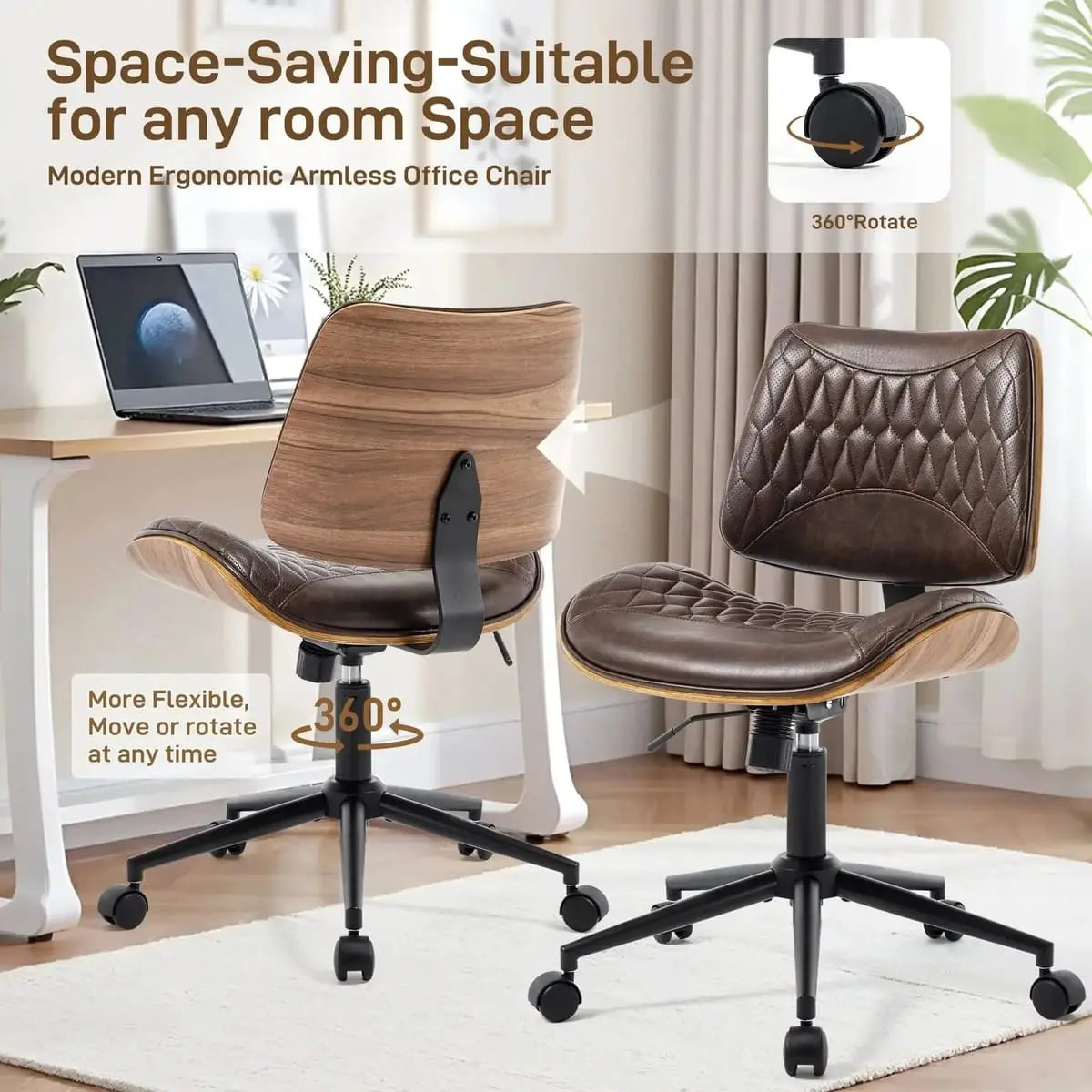 Adjustable mid-back armless PU leather office desk chair with walnut veneer finish, swivel and rocking features, modern design by Doba.