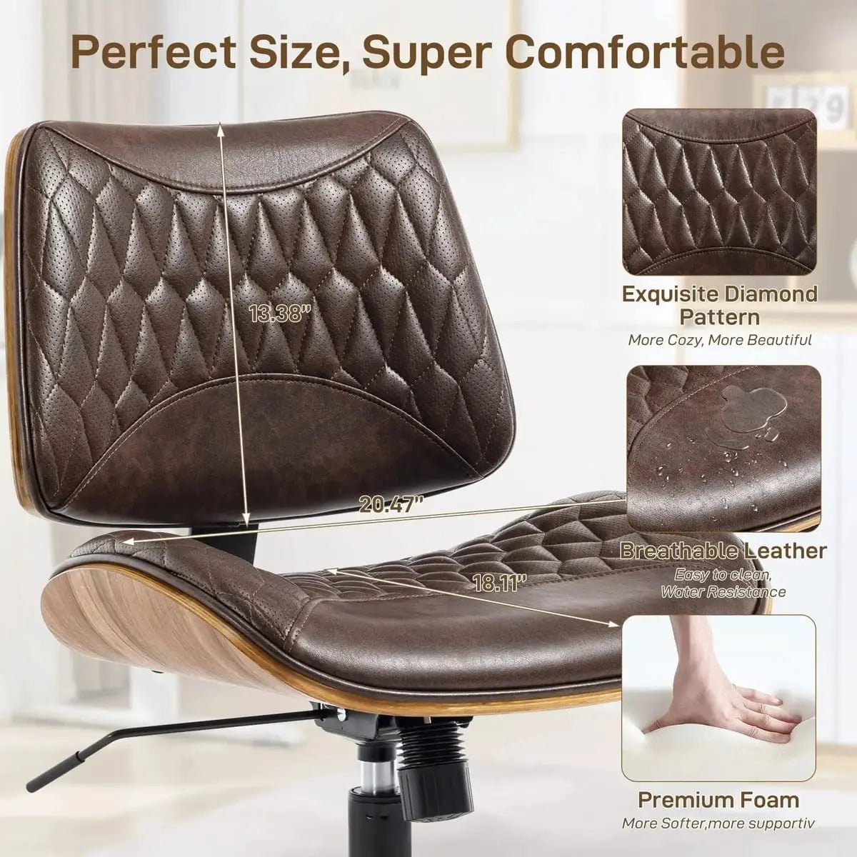 Doba dark brown PU leather rolling office desk chair with adjustable mid-back, armless design, walnut veneer accents, swivel and rocking features.