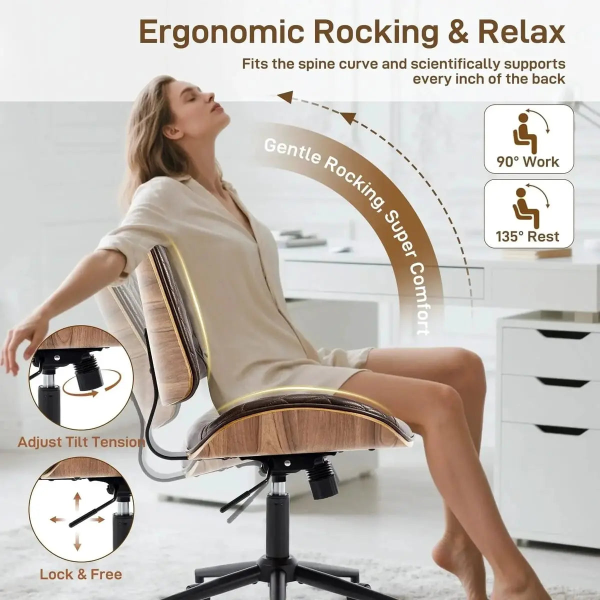 Dark brown PU leather office desk chair with walnut veneer accents, armless, adjustable mid-back, swivel, and rocking modern design.