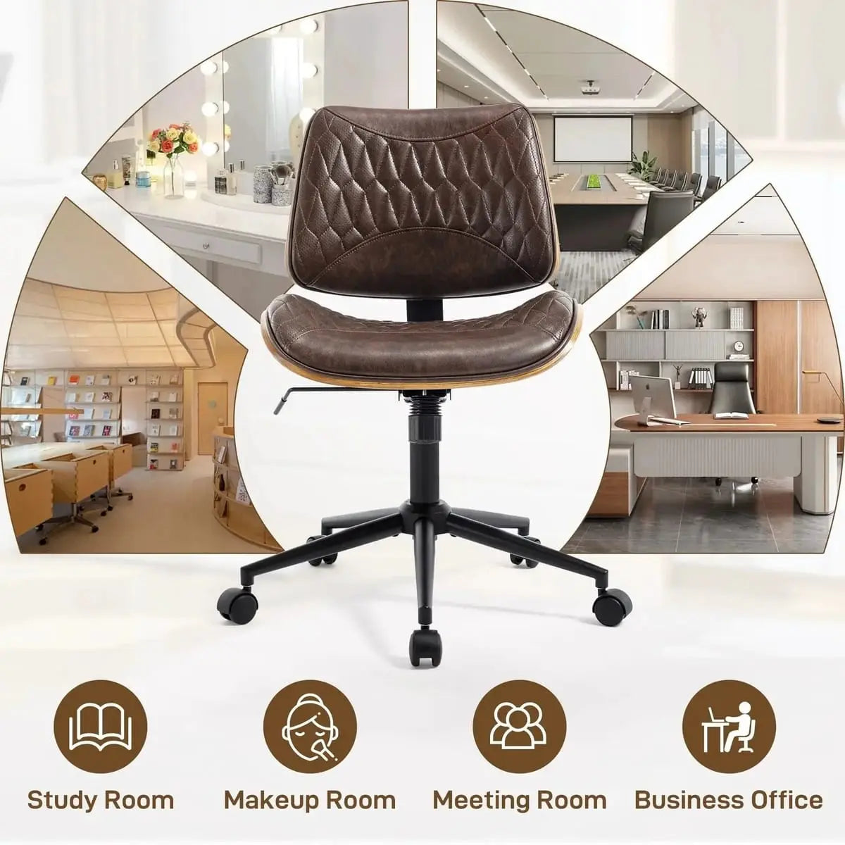 Doba adjustable mid-back armless PU leather rolling office desk chair with walnut veneer finish, swivel and rocking modern design