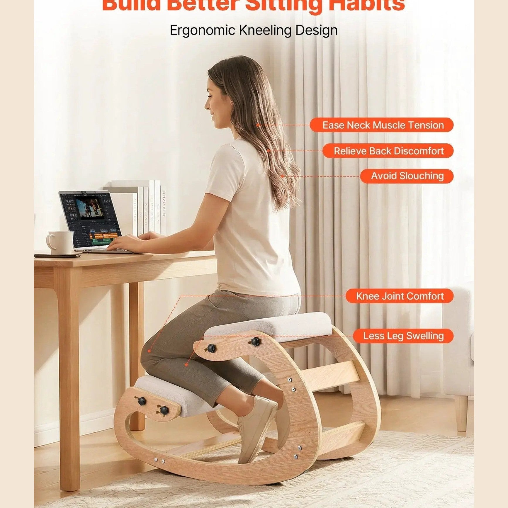 Beige Doba ergonomic kneeling chair with wooden frame and adjustable height for ergonomic seating and posture support.