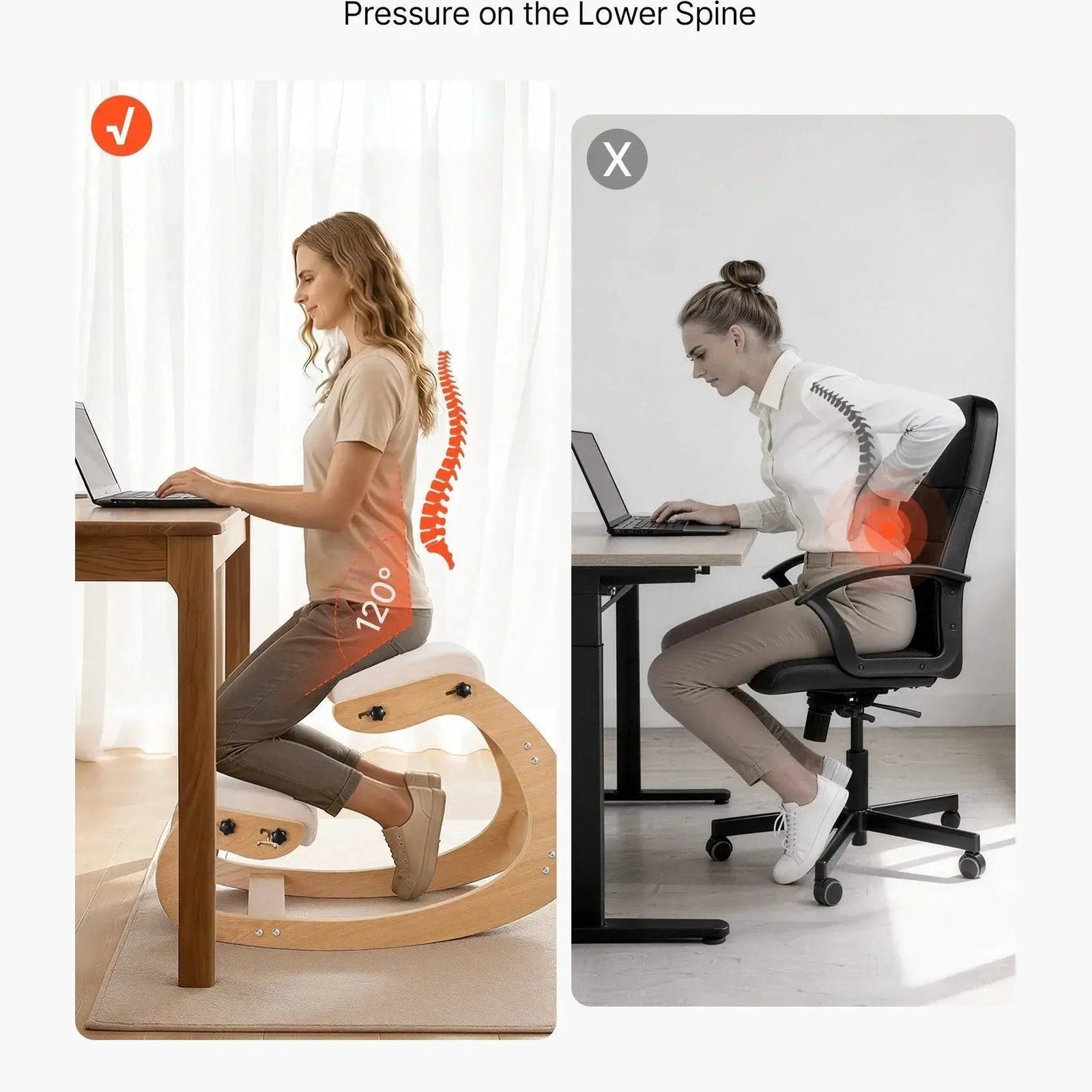 Beige ergonomic kneeling chair with wooden frame and adjustable height, designed for comfort and ergonomic support by Doba.