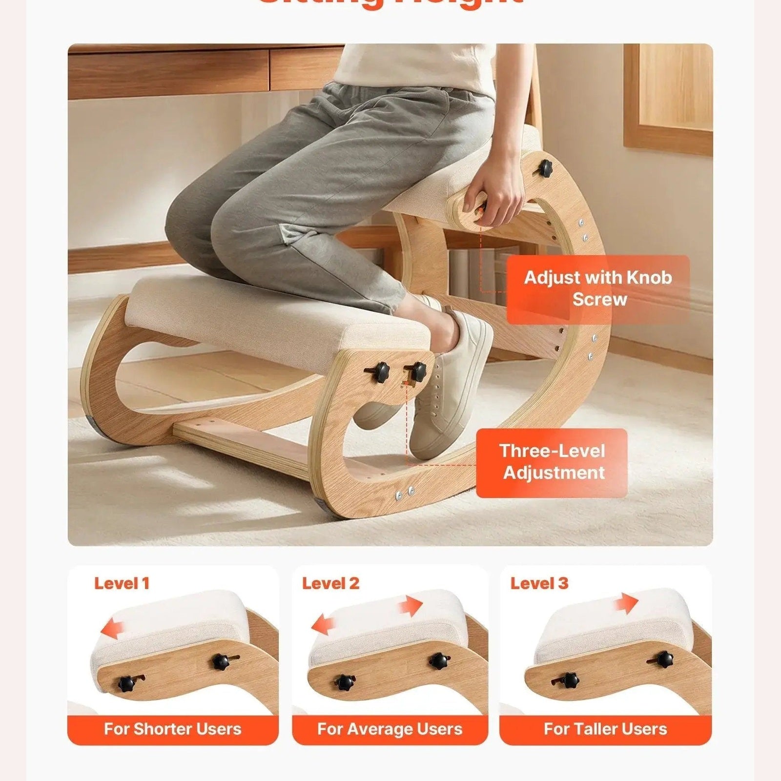 Beige ergonomic kneeling chair with wooden frame and adjustable height by Doba, designed for comfortable seating and posture support.