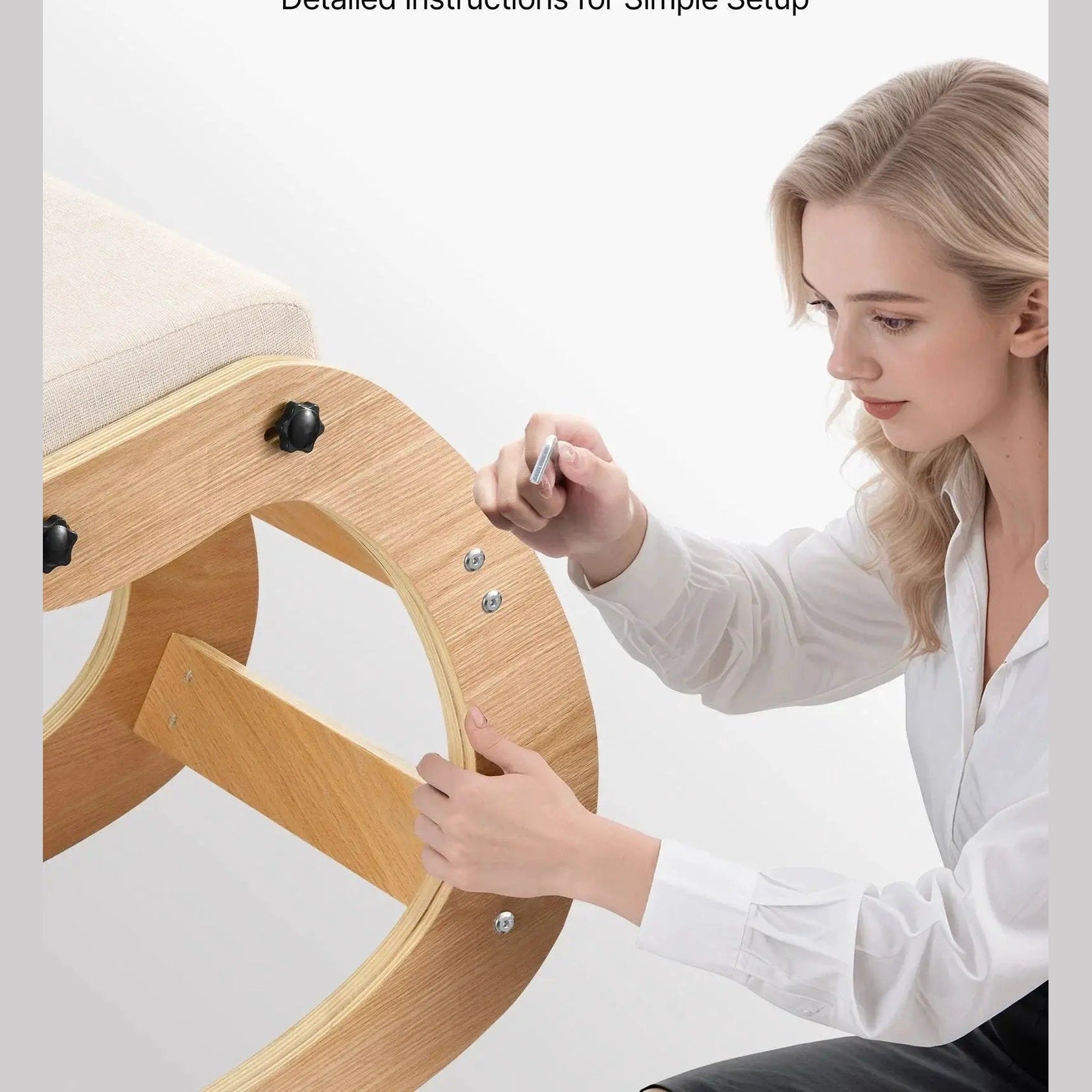 Beige ergonomic kneeling chair with wooden frame and adjustable height, designed for ergonomic office seating by Doba.