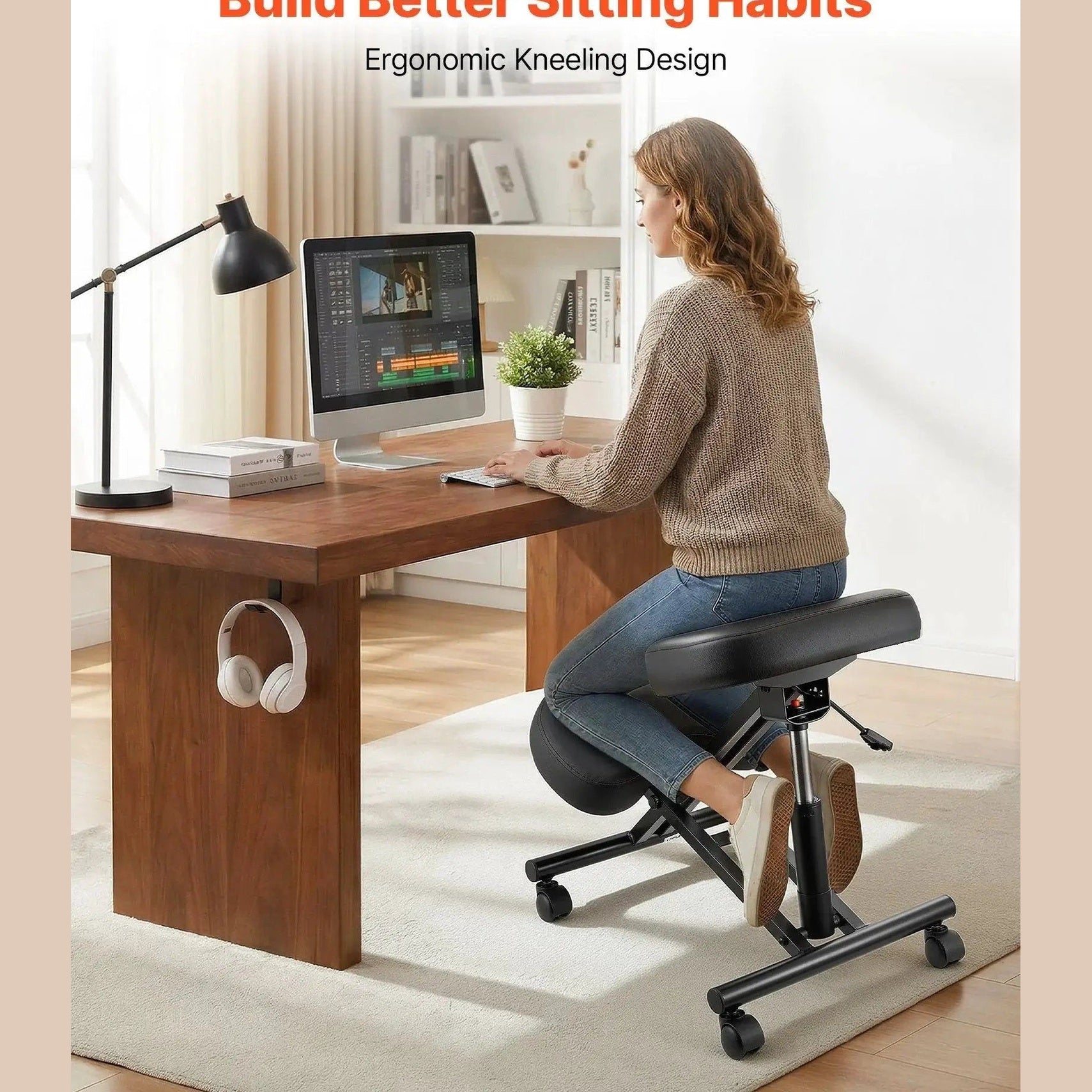 Doba ergonomic kneeling chair with wheels, adjustable height, designed for posture support and back pain relief at desks