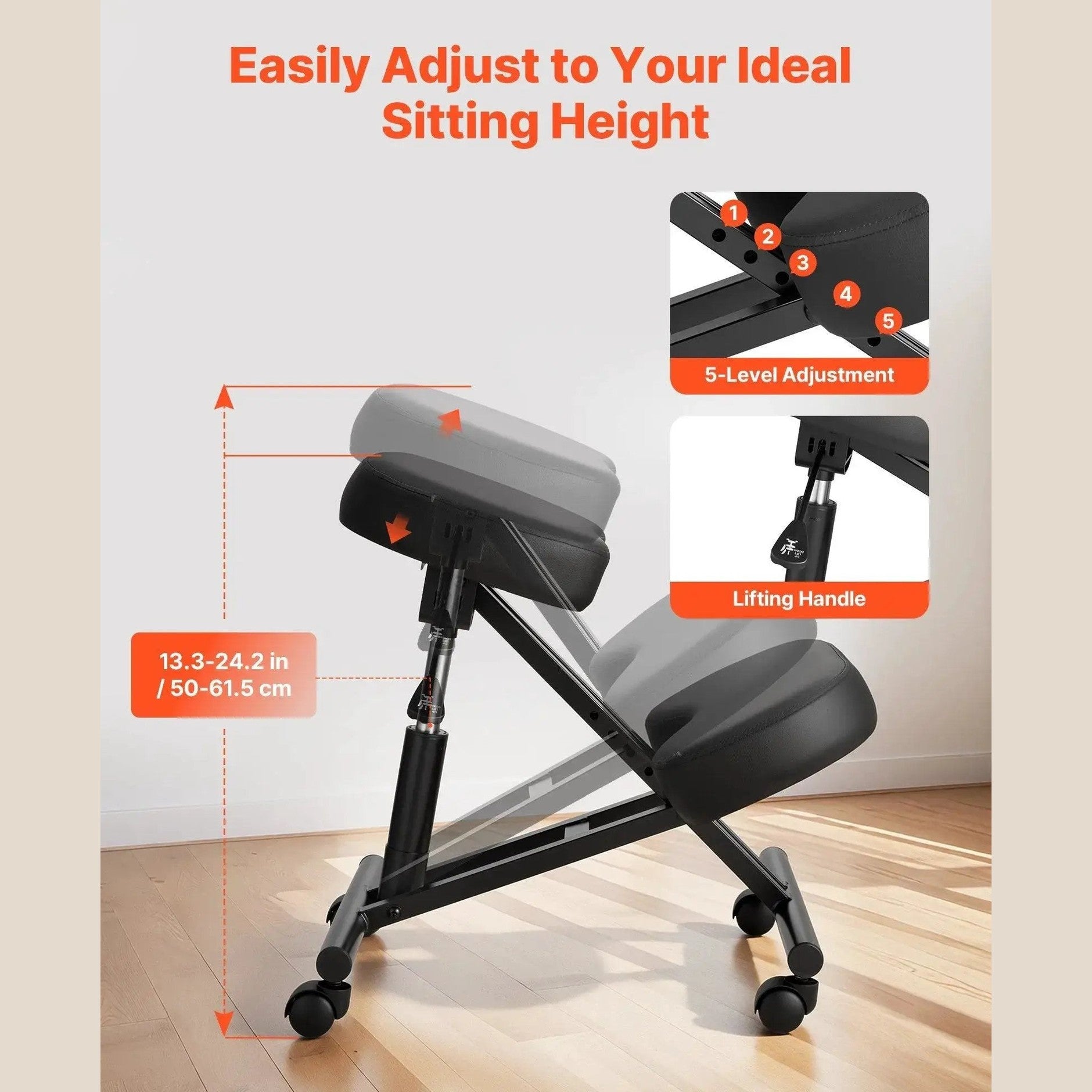Doba ergonomic kneeling chair with wheels for posture support, back pain relief, and adjustable height for desk use.