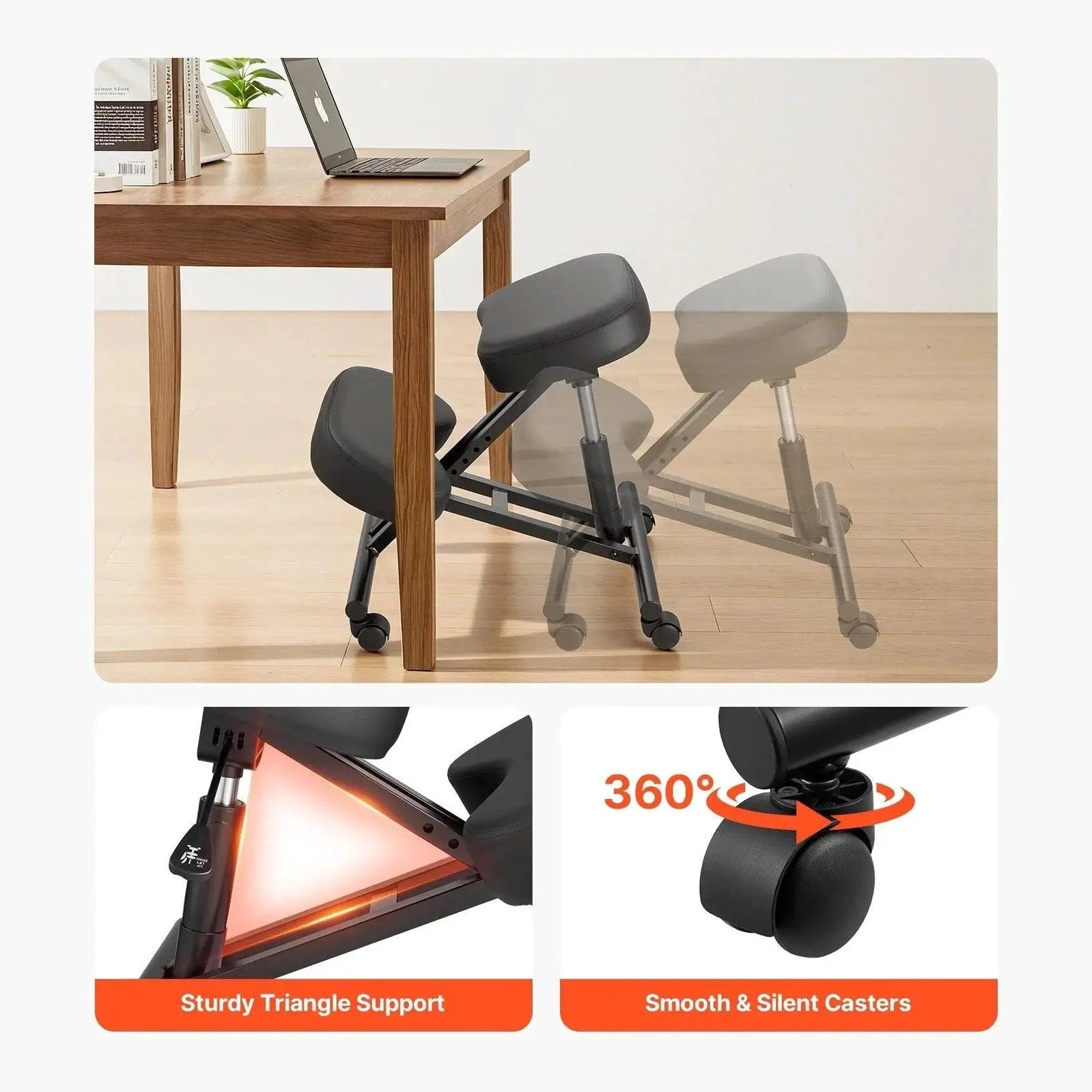 Doba ergonomic kneeling chair with wheels, adjustable height, designed for posture support and back pain relief at desk.