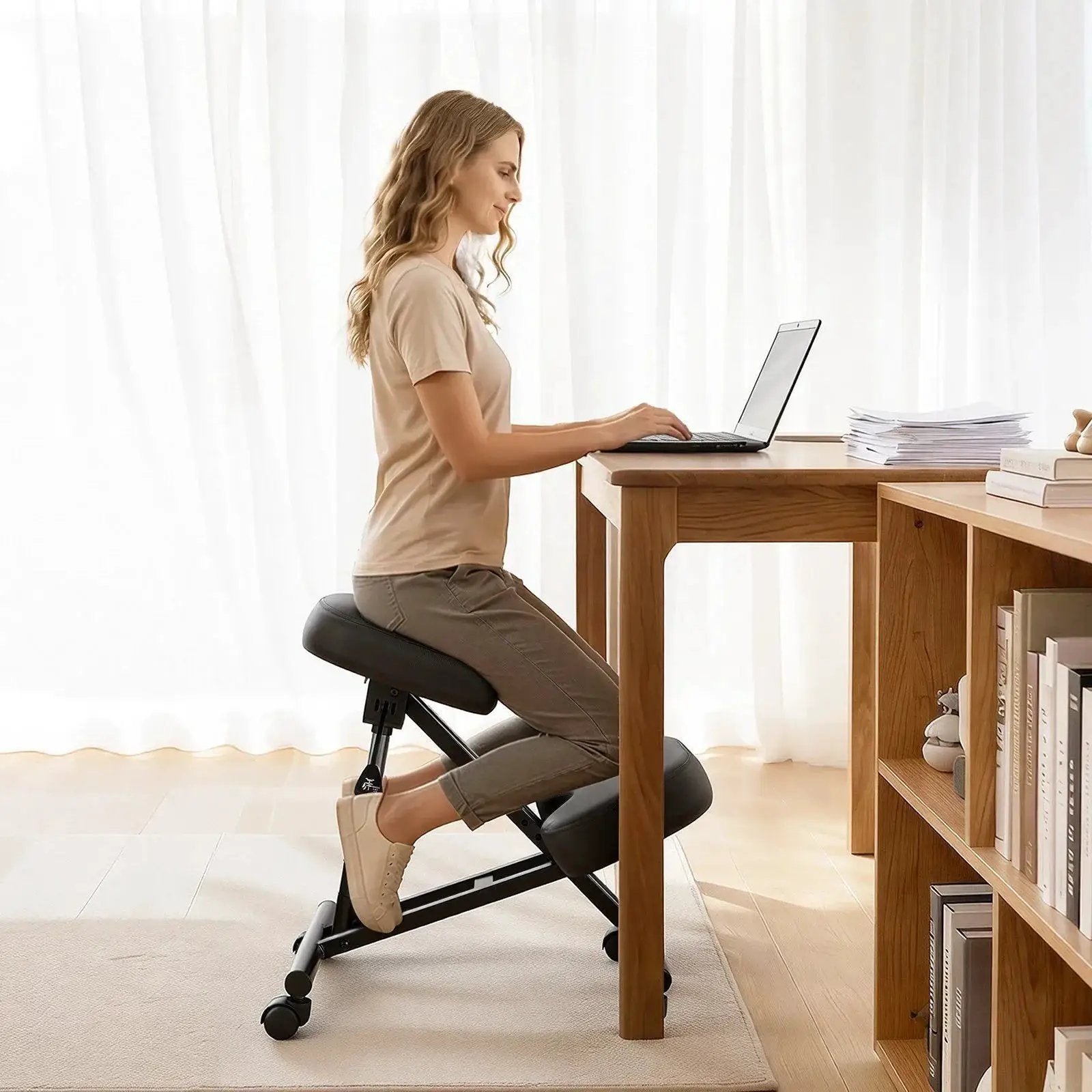 Doba ergonomic kneeling chair with wheels for posture support, back pain relief, and adjustable height for desk use.