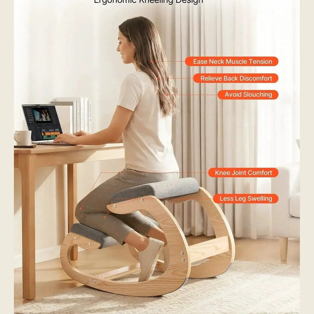 Gray Doba ergonomic kneeling chair with wooden frame, rocking base, and adjustable height for improved posture and back support.