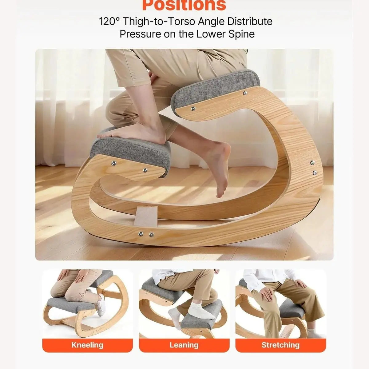 Gray ergonomic kneeling chair with wooden frame and rocking base, adjustable height for improved posture and back support.