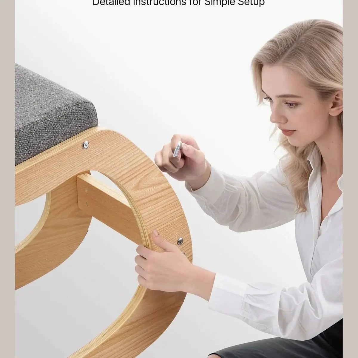 Gray ergonomic kneeling chair by Doba with wooden frame and rocking base, adjustable height for improved posture and back support.