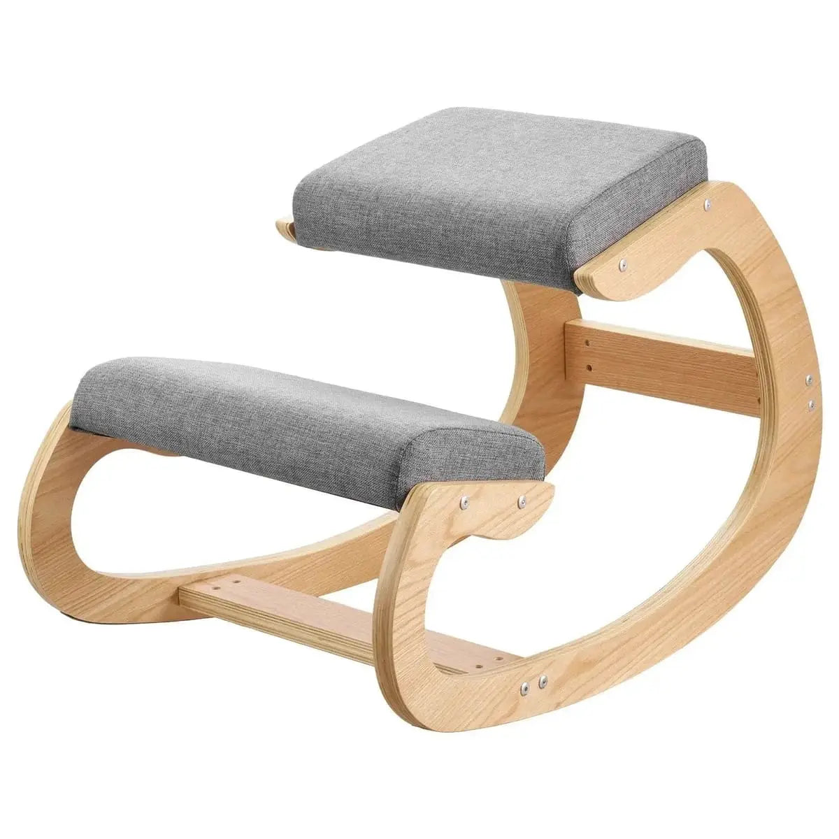 Gray Doba ergonomic kneeling chair with wooden frame and rocking base, adjustable height for improved posture and back support.