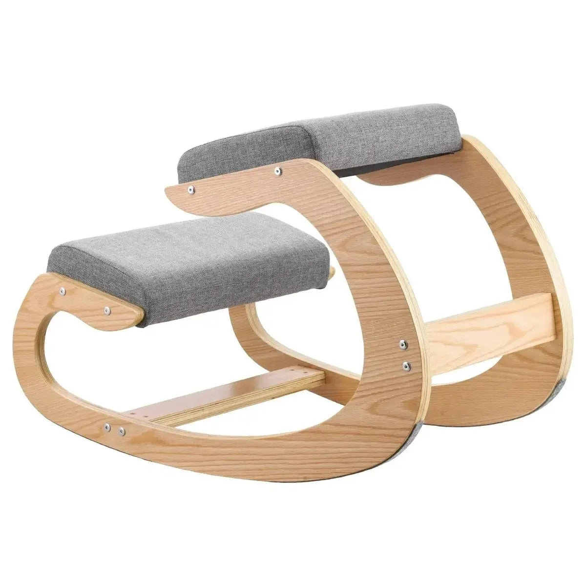 Gray ergonomic kneeling chair with wooden frame and rocking base, adjustable height for improved posture and back support.