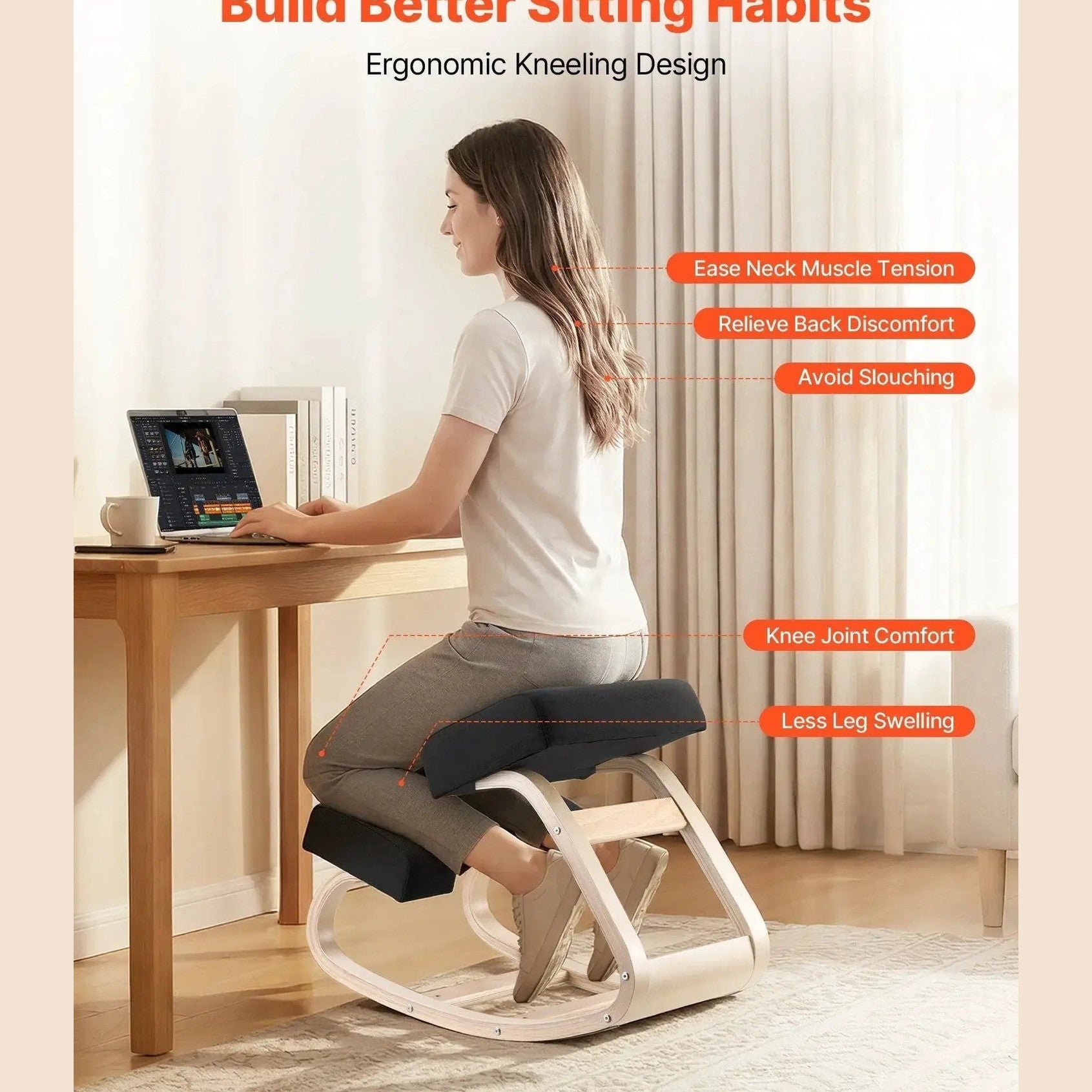 Doba ergonomic kneeling desk chair with cushioned seat, wood frame, adjustable design for improved posture and back pain relief.