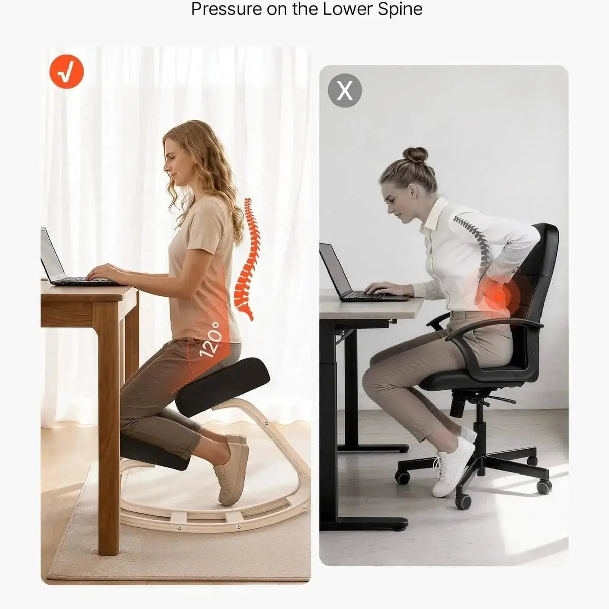 Doba ergonomic kneeling desk chair with adjustable cushioned seat and wooden frame for improved posture and back pain relief.
