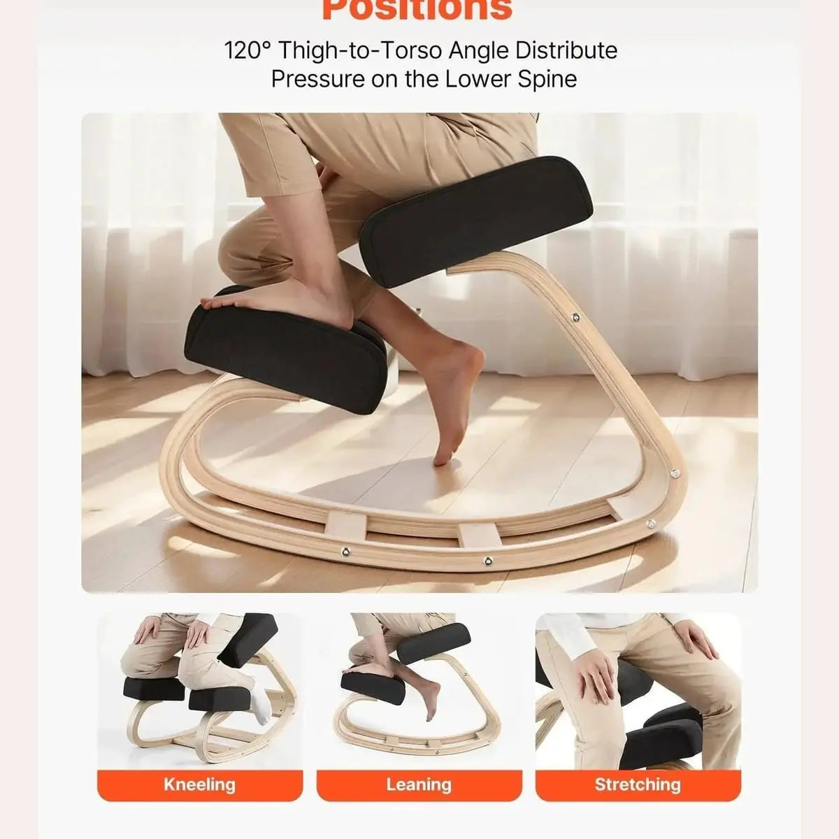 Doba ergonomic kneeling desk chair with cushioned seat and wood frame, designed to improve posture and reduce back pain.