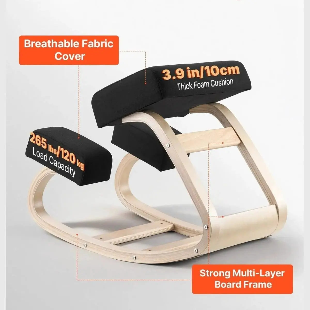 Doba ergonomic kneeling desk chair with cushioned seat and wood frame, designed for better posture and back pain relief.