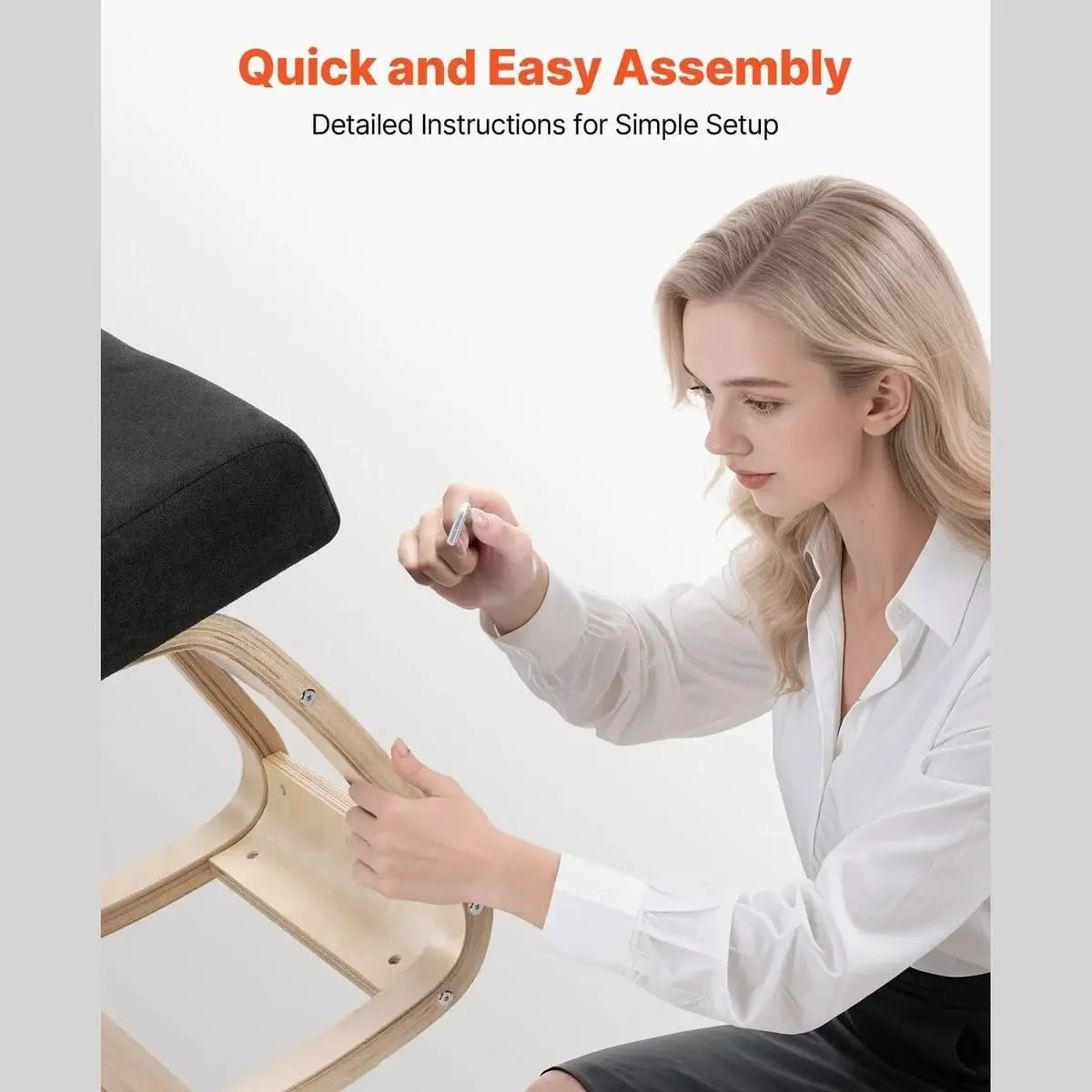 Doba ergonomic kneeling desk chair with adjustable cushioned seat and wood frame for improved posture and back pain relief.