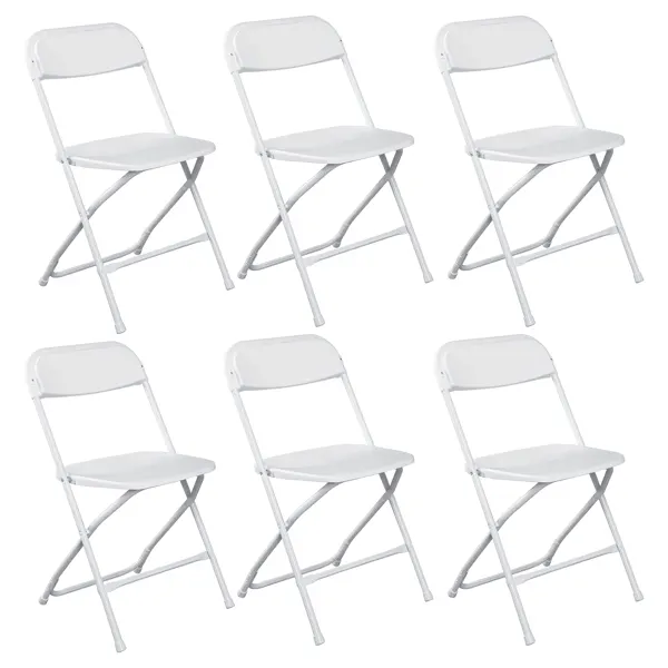 White plastic folding chair by Doba, heavy-duty indoor outdoor chair with 350 lb capacity, suitable for events, parties, and home use.