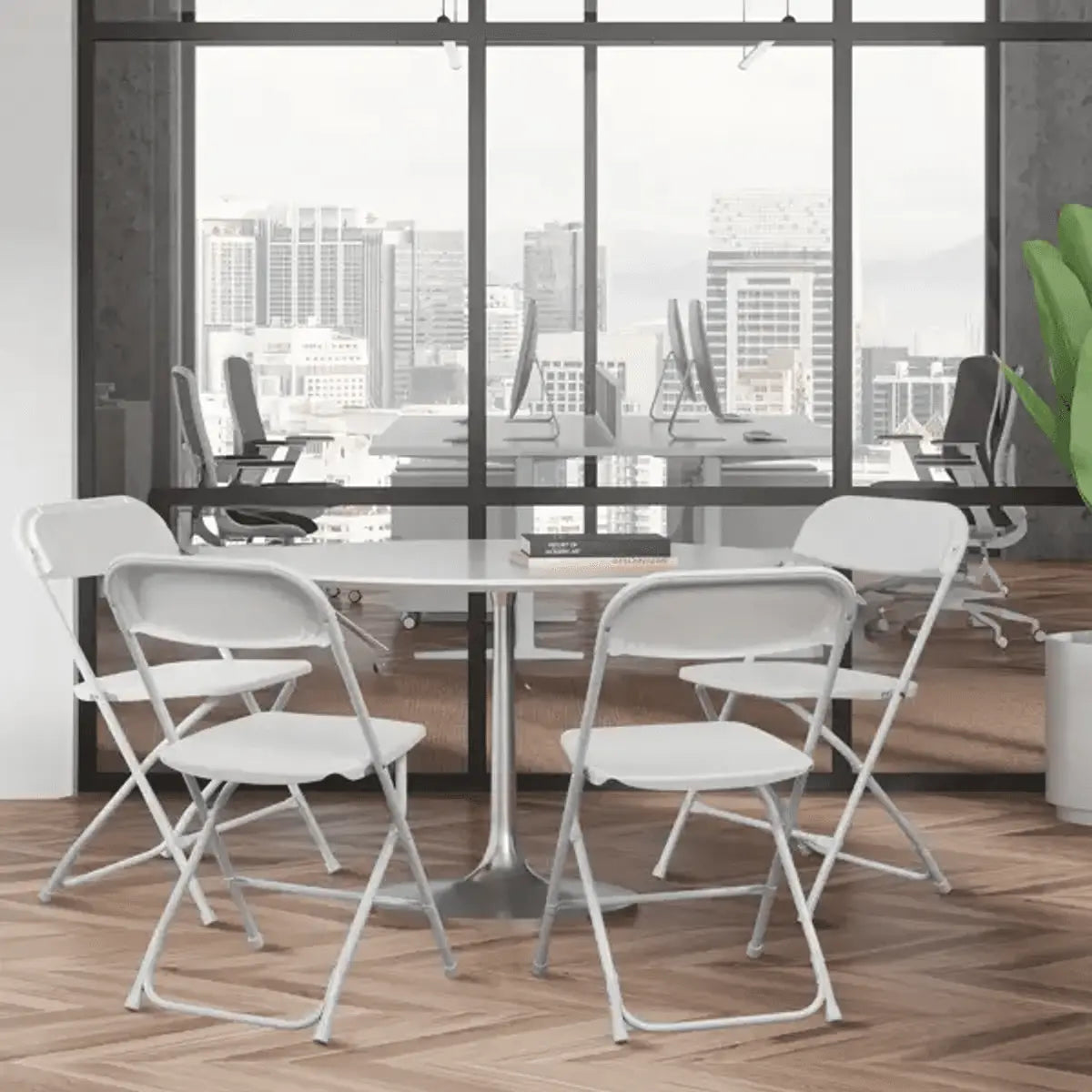 Doba heavy-duty white plastic folding chair for indoor and outdoor use, supports up to 350 lbs, ideal for events and home offices.