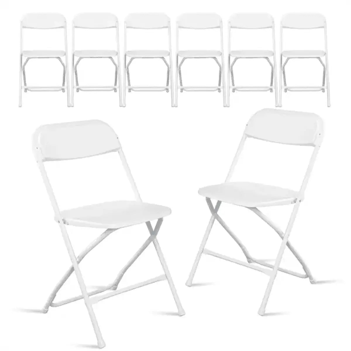 White plastic folding chair by Doba, heavy-duty design with 350 lb capacity, suitable for indoor and outdoor events or home use.
