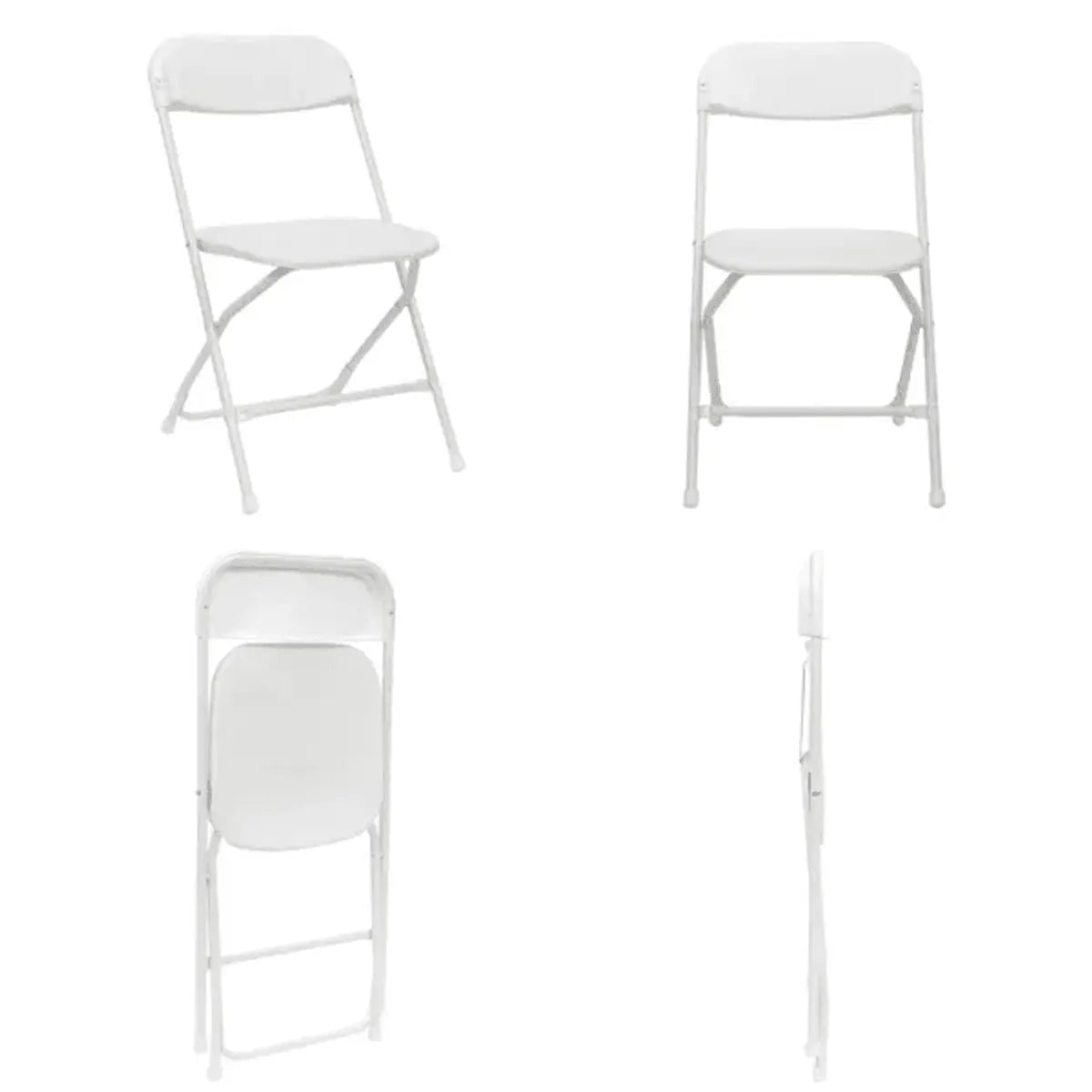 White Doba plastic folding chair with sturdy frame, suitable for indoor and outdoor events, supporting up to 350 pounds.