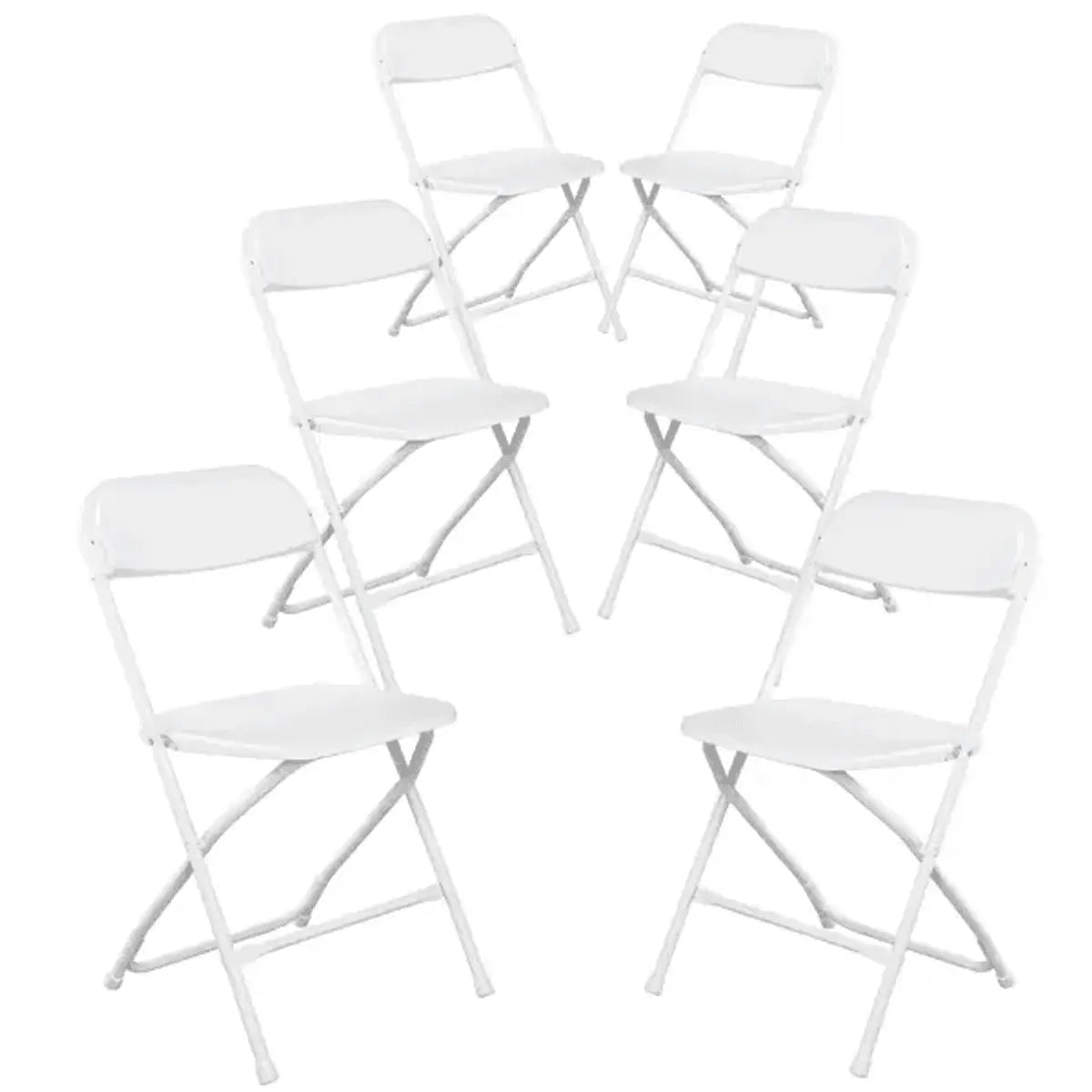 Doba white plastic folding chair with sturdy frame, suitable for indoor outdoor events, supporting up to 350 pounds.