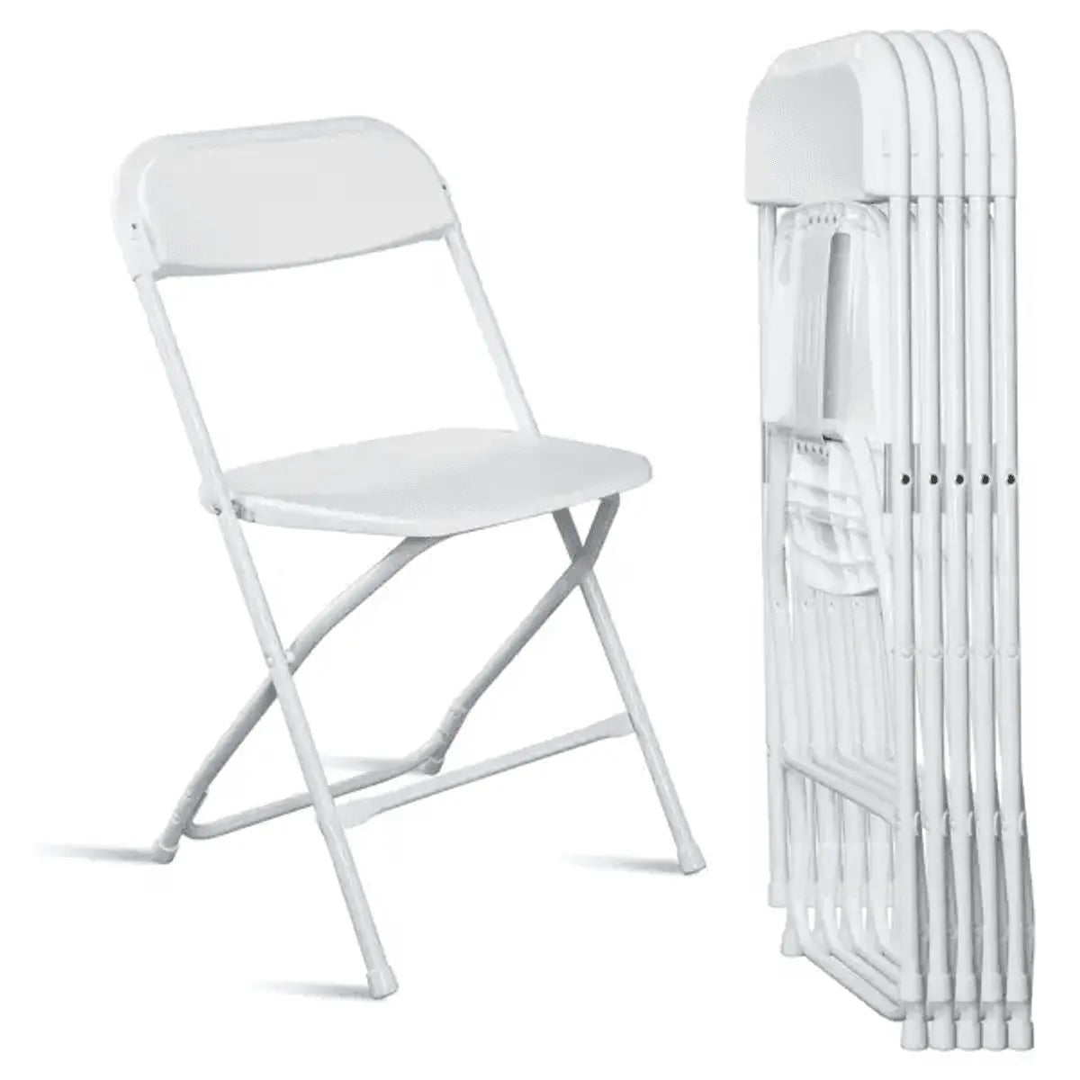 Doba heavy-duty white plastic folding chair with 350 lb capacity, suitable for indoor and outdoor events, parties, and home or office use.