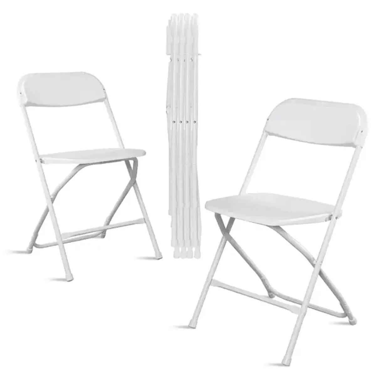 White plastic folding chair by Doba, heavy-duty indoor outdoor chair with 350 lb capacity, suitable for events, parties, and home use