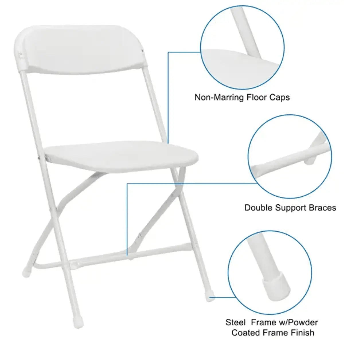 Doba heavy-duty white plastic folding chair with a 350 lb capacity, suitable for indoor and outdoor events, parties, and home use.