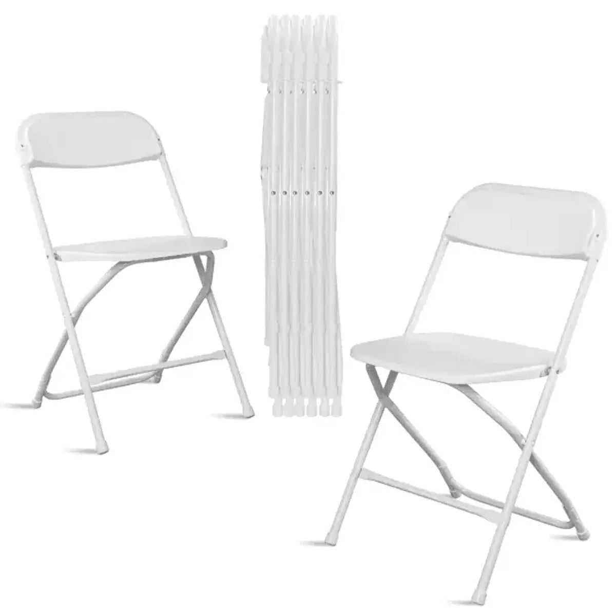 Doba heavy-duty white plastic folding chair with 350 lb capacity, suitable for indoor and outdoor events, parties, and home use.