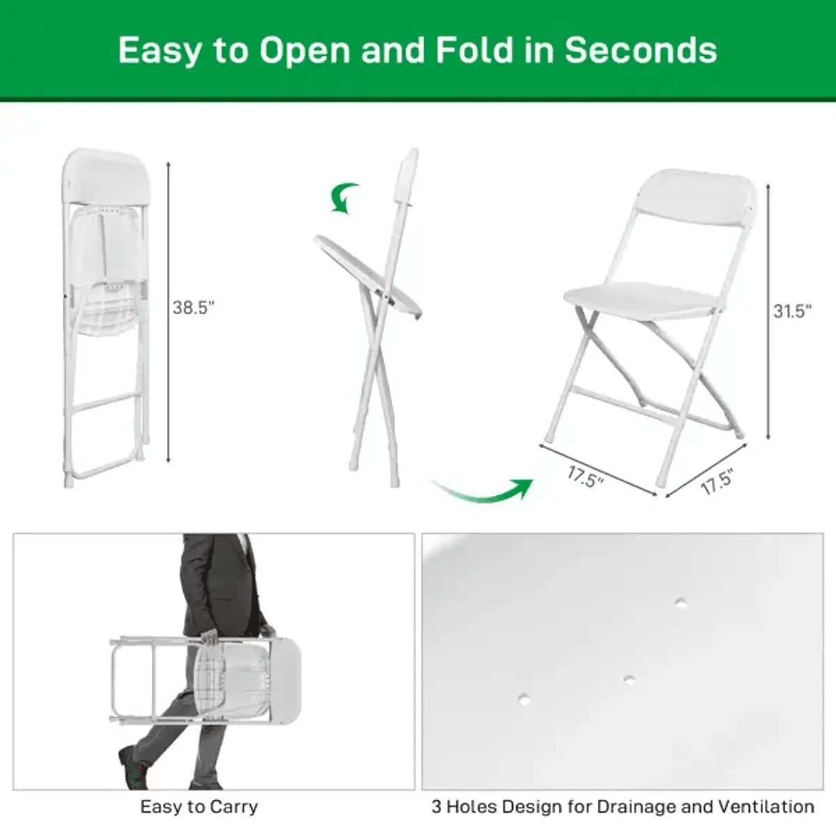 Doba heavy-duty white plastic folding chair with 350 lb capacity, suitable for indoor and outdoor events, parties, and home use