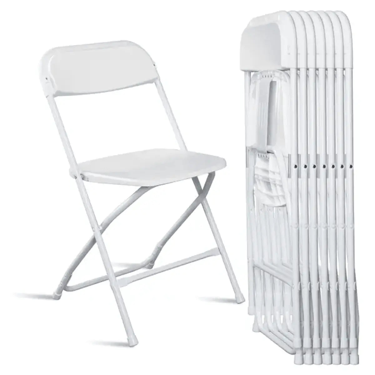 White plastic folding chair by Doba with a sturdy design, suitable for indoor and outdoor events, supports up to 350 lbs.