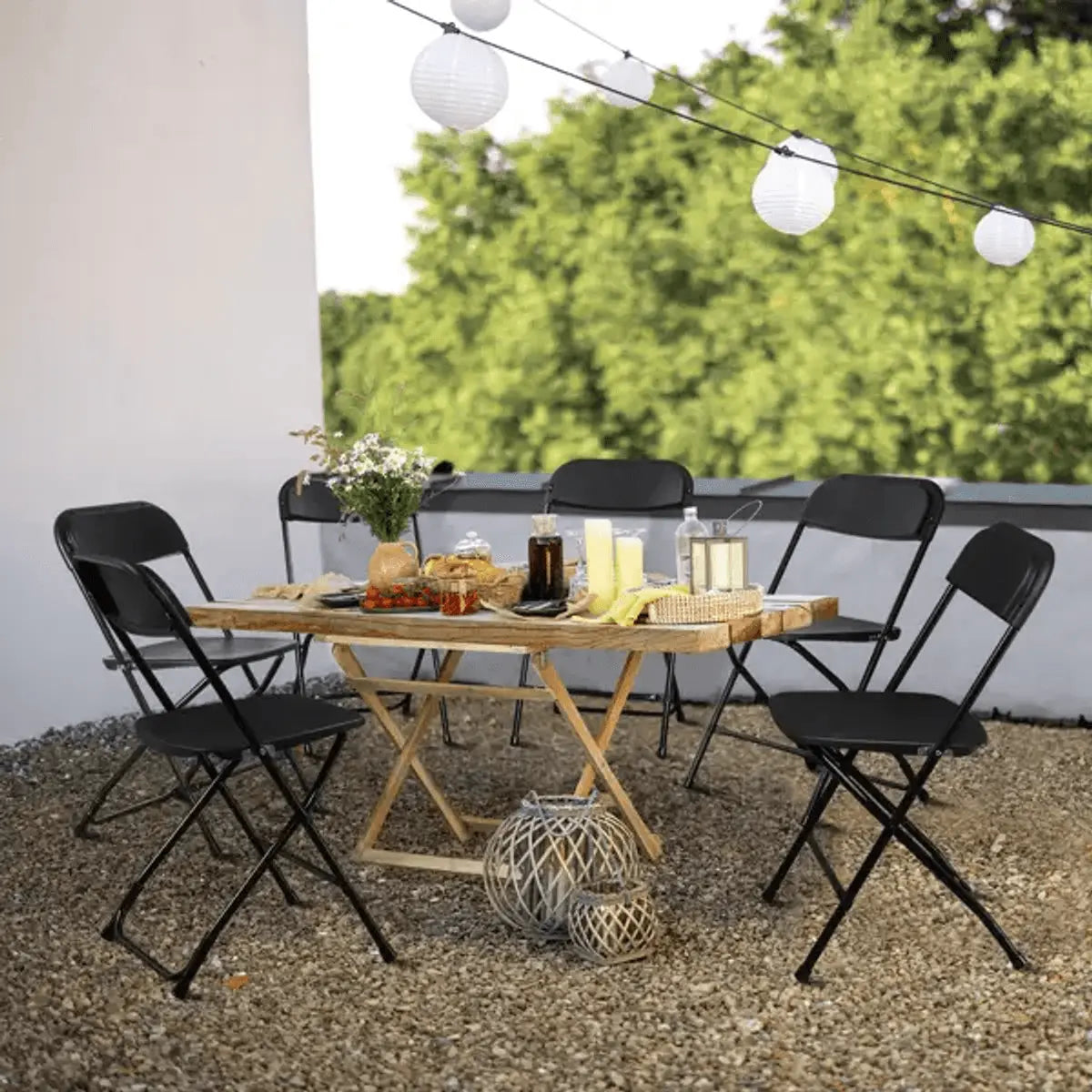 Doba Plasti Garden folding chair with heavy-duty plastic seat, foldable design, supports up to 350 lbs, outdoor use, black color